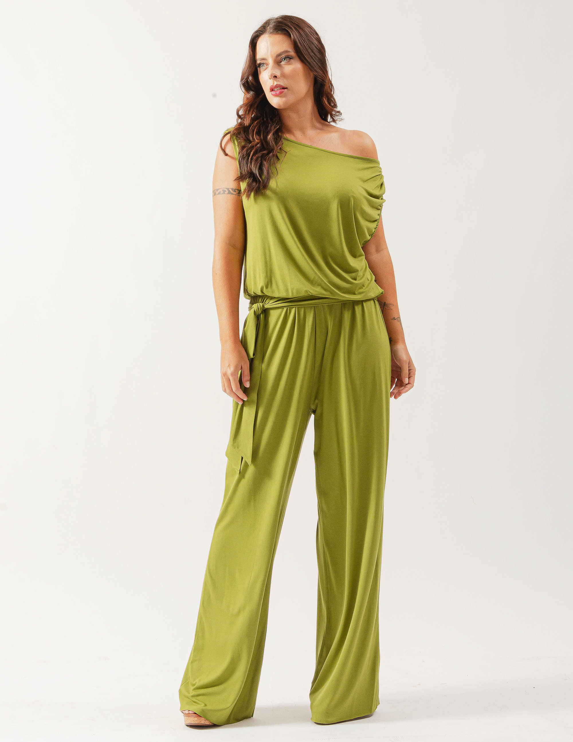 Macacão Malha Faixa Amarração Verde Natureza