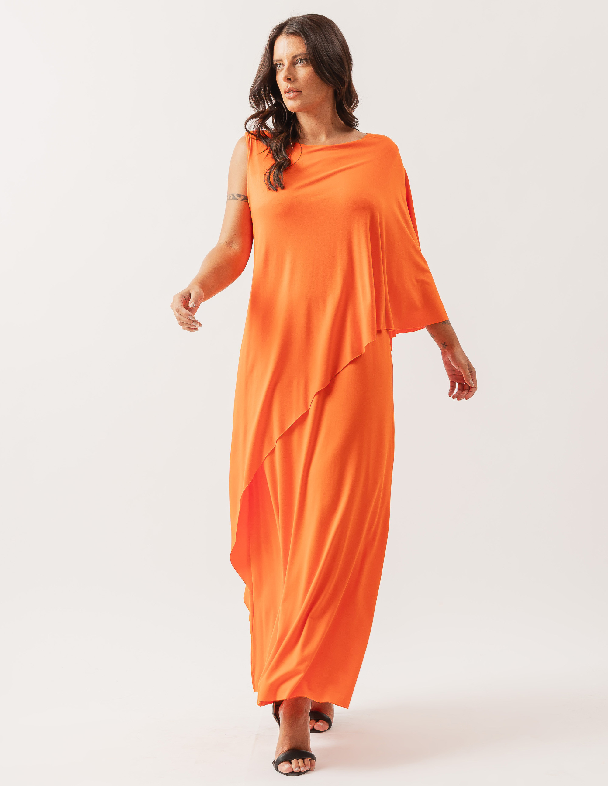 Vestido Longo Um Ombro Só Laranja Cítrico