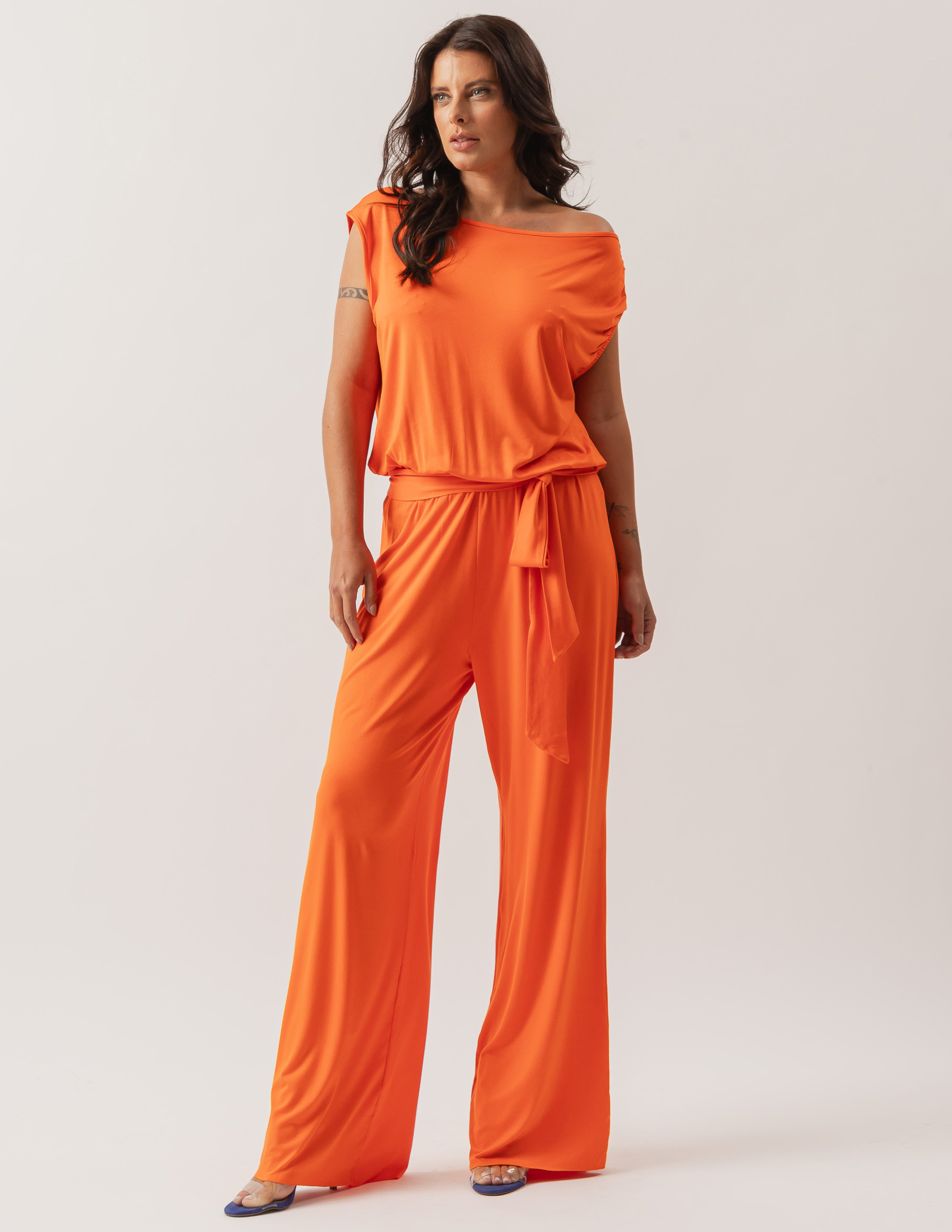 Macacão Malha Faixa Amarração Laranja Cítrico