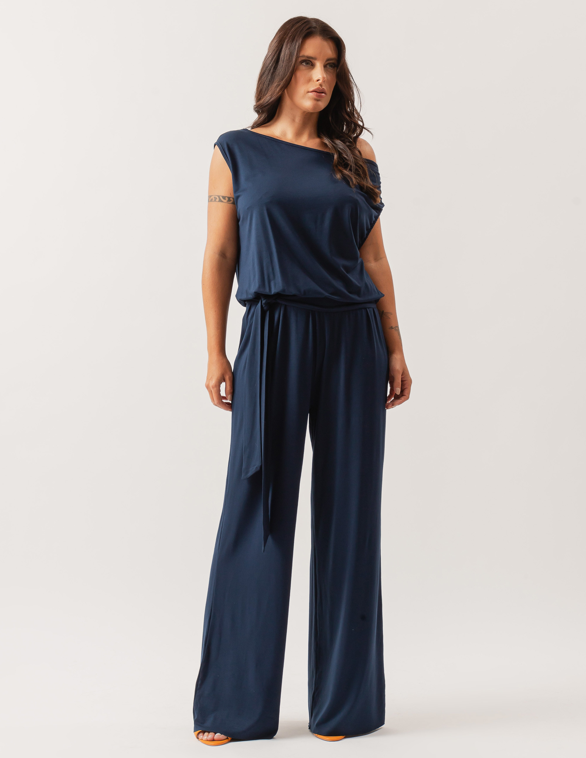 Macacão Malha Faixa Amarração Azul Marinho