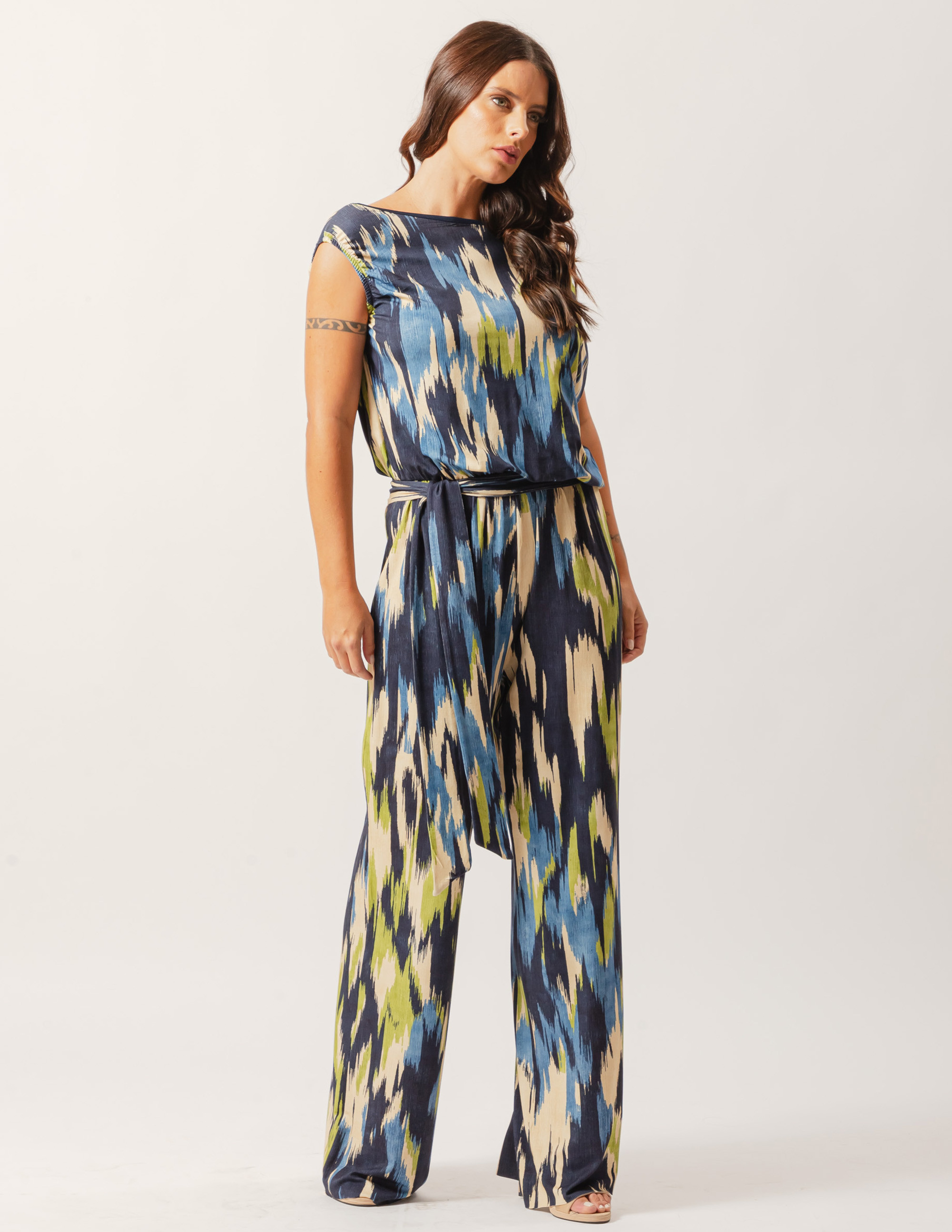 Macacão Malha Faixa Amarração Estampa Aquarela