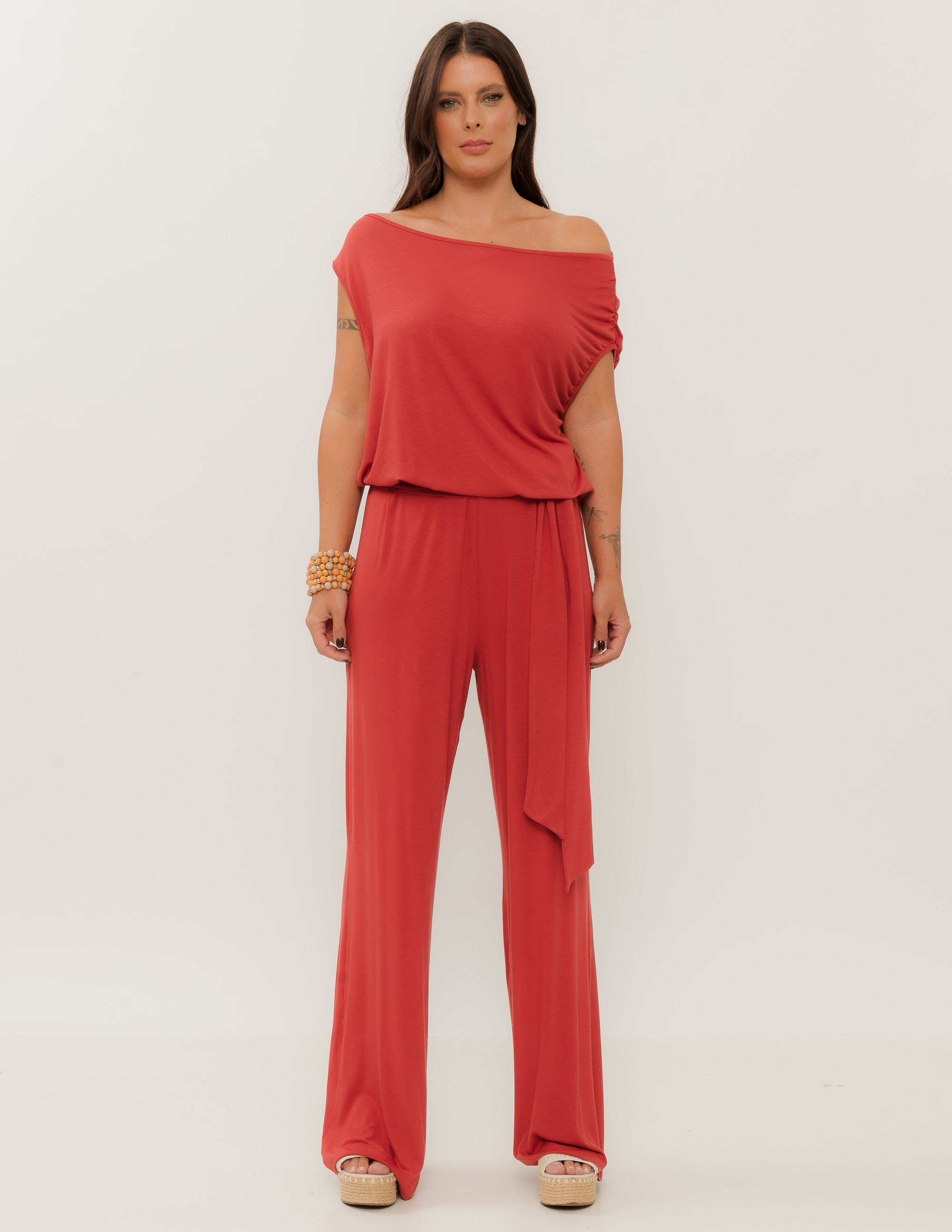 Macacão Malha Faixa Vermelho Romã