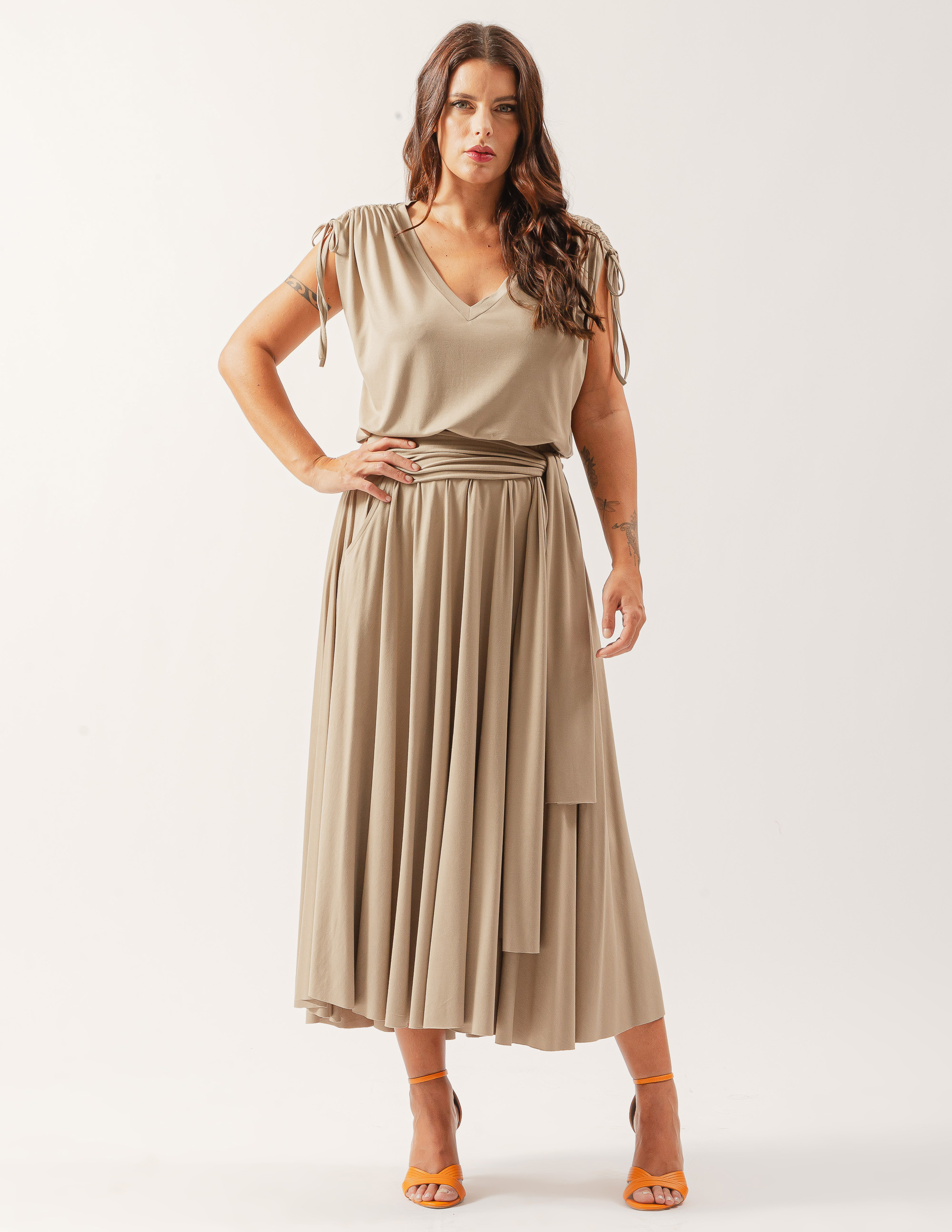 Blusa Decote V Detalhe Ombro Bege Ceramica