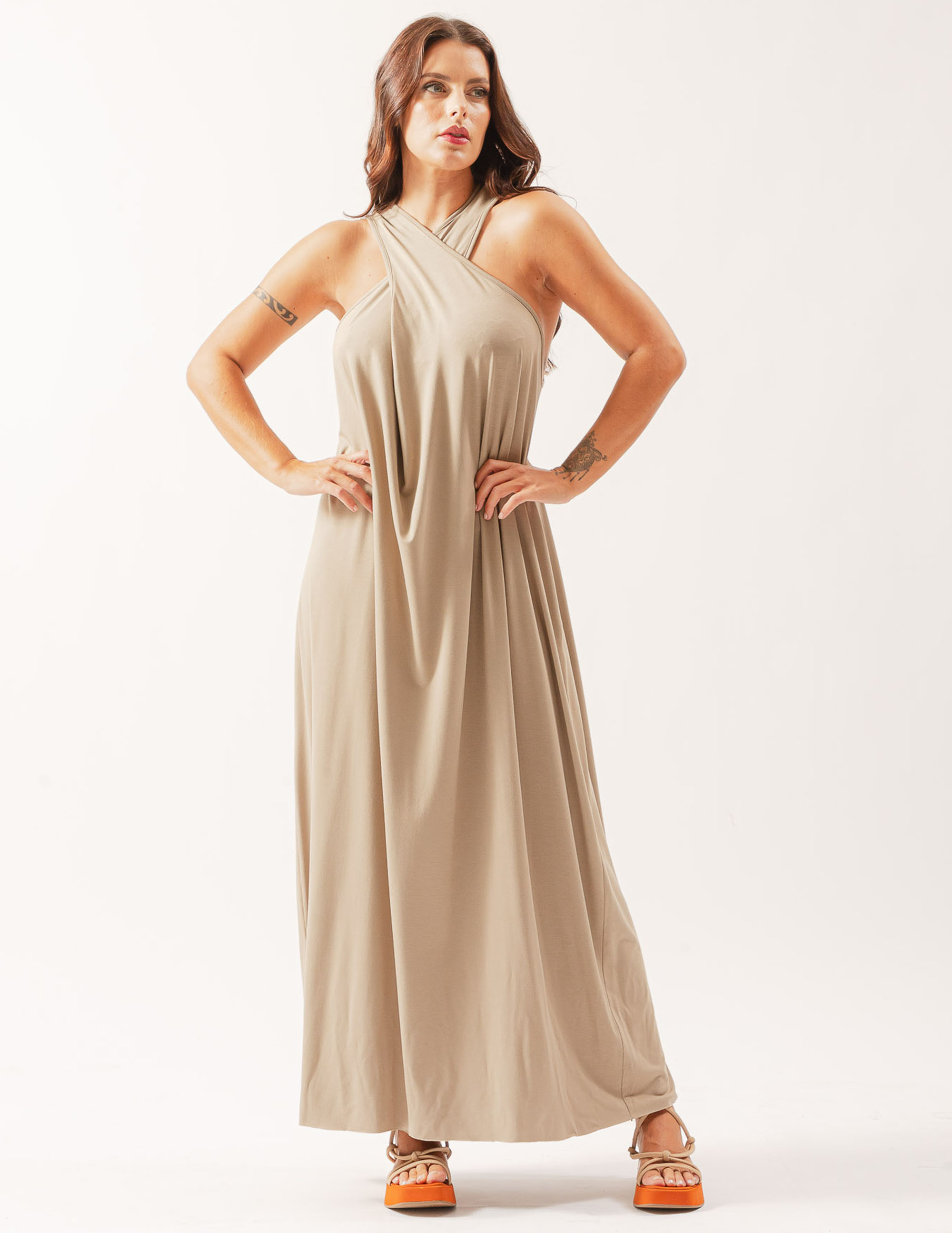 Vestido Decote Transpassado Bege Ceramica