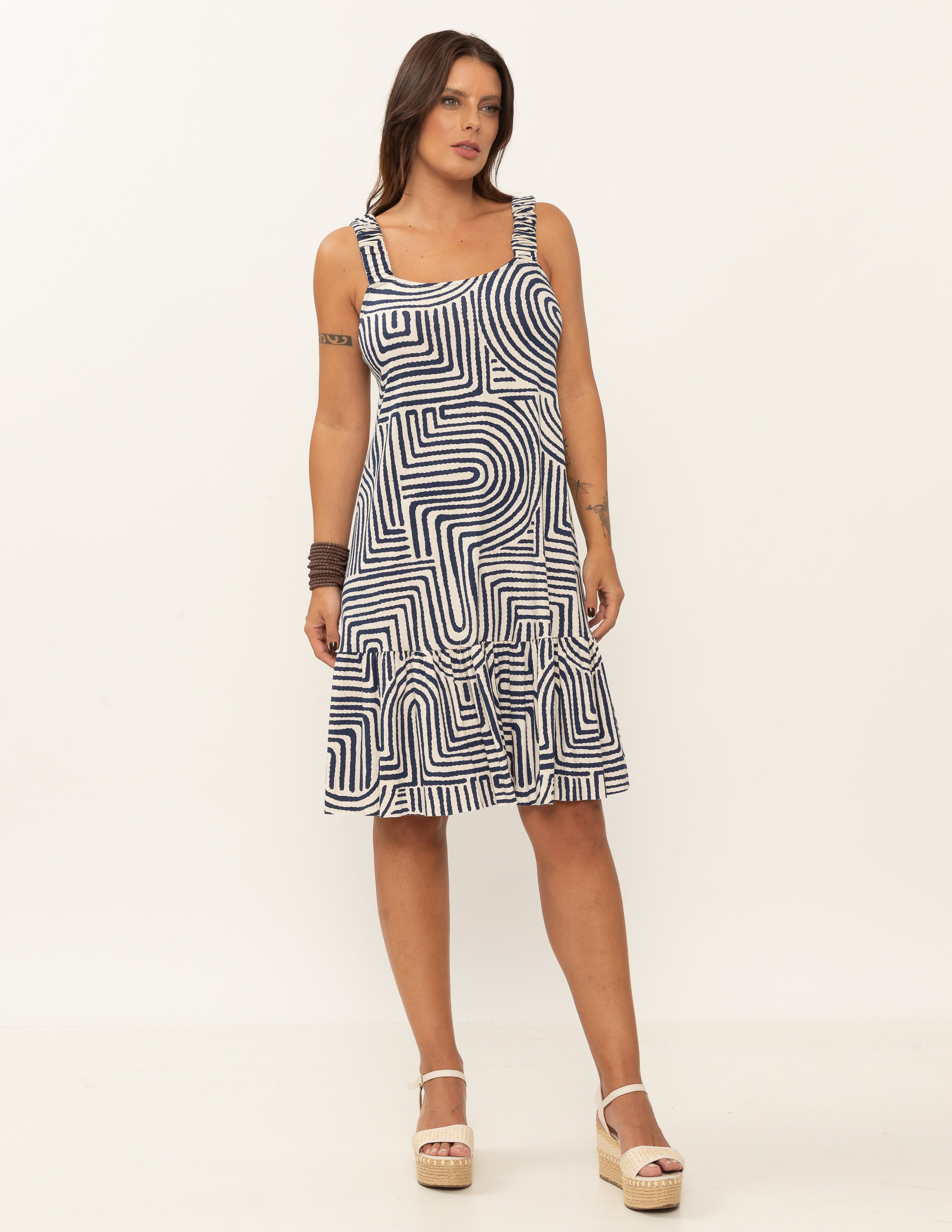 Vestido Alça Elástico Estampa Labirinto Marinho
