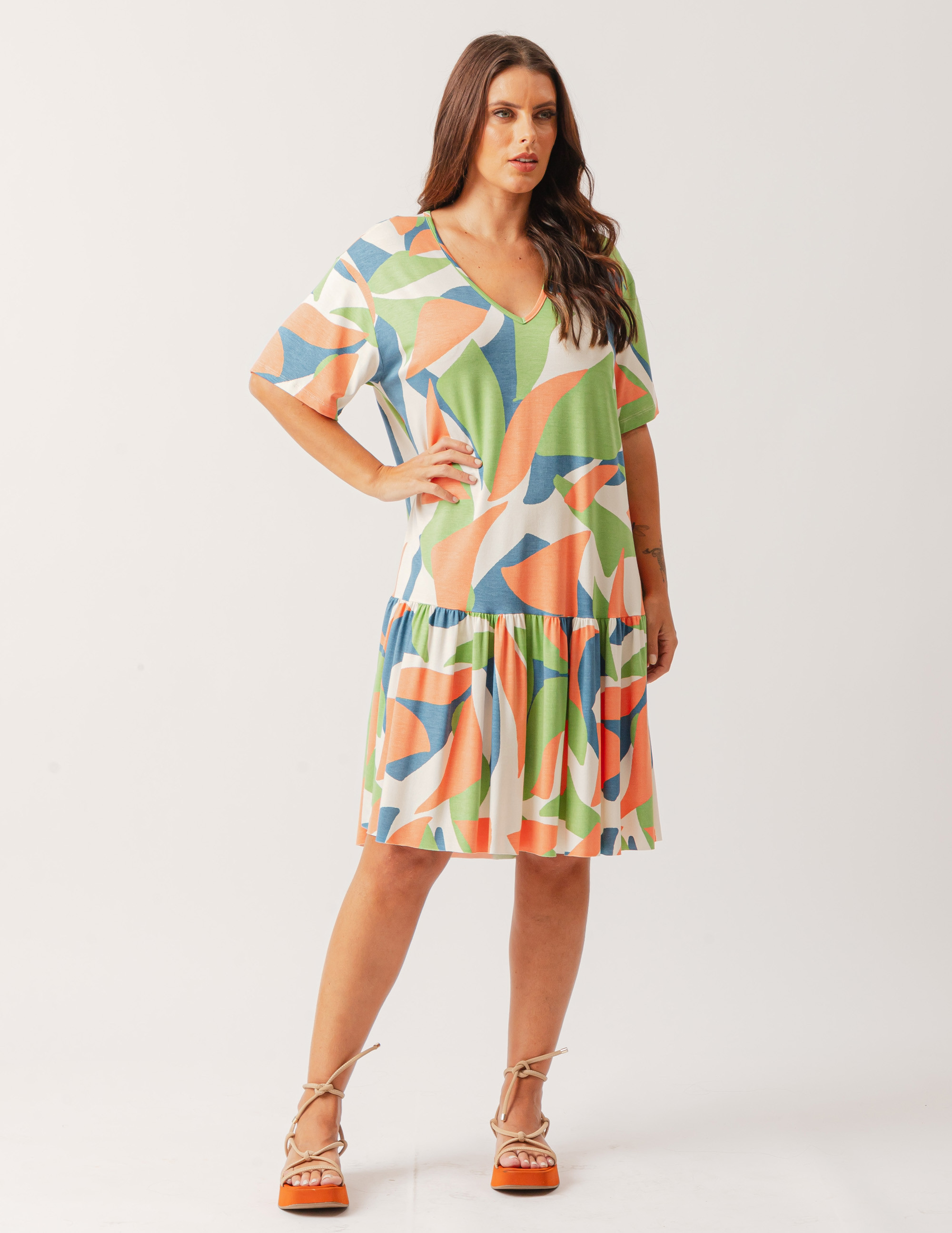 Vestido Manga Curta Estampa Abstrato