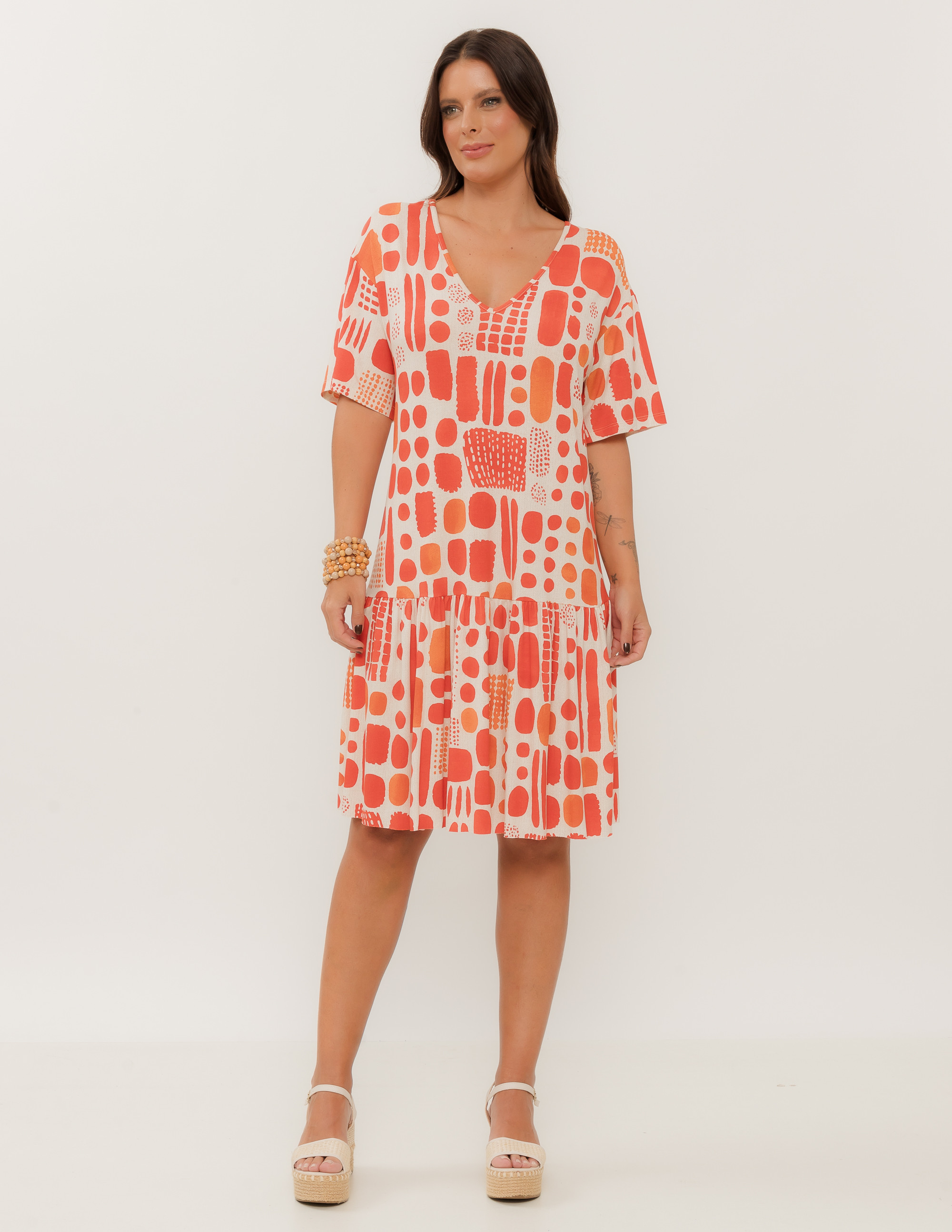 Vestido Manga Curta Estampa Etnica Romã