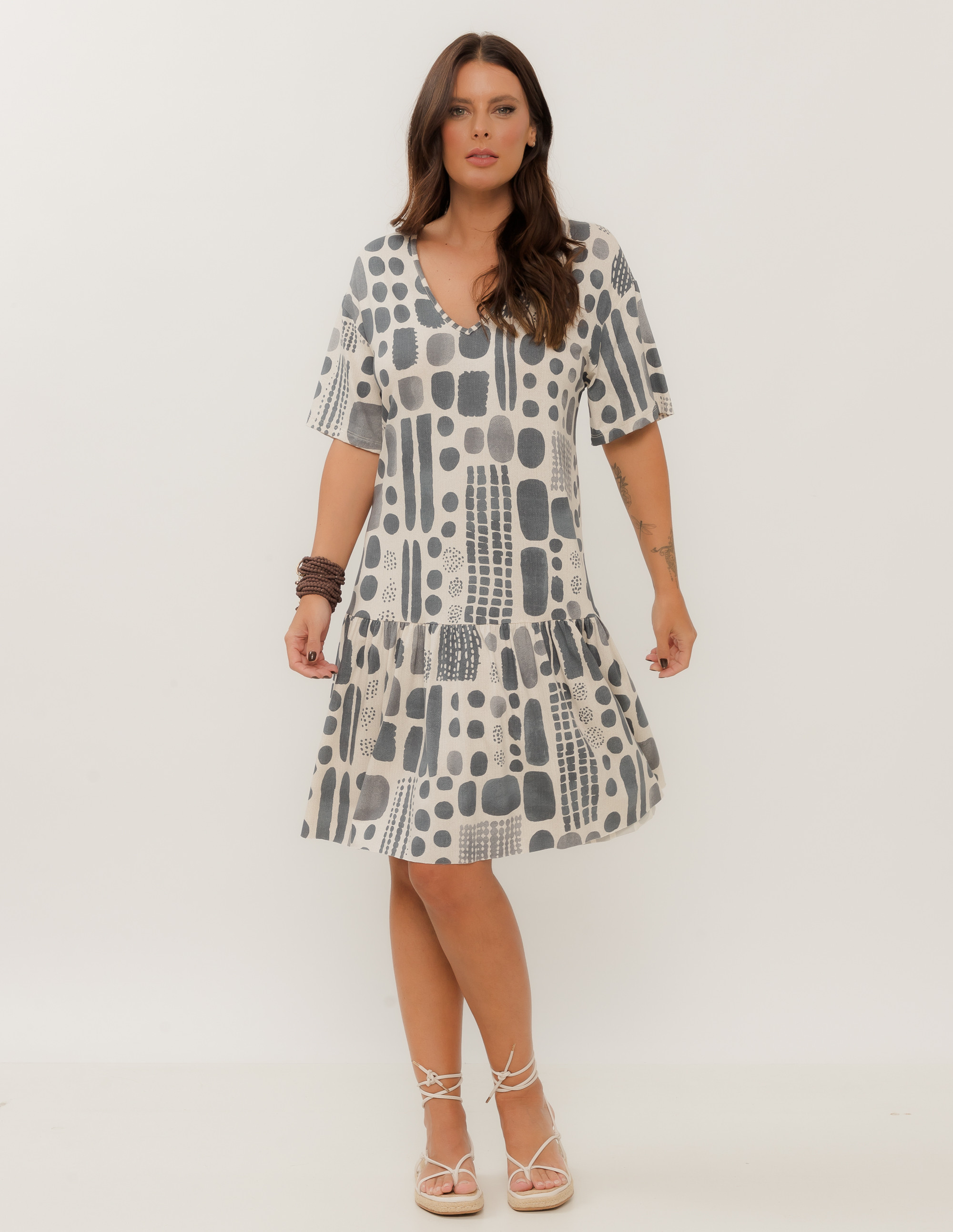 Vestido Manga Curta Estampa Etnica Calcario