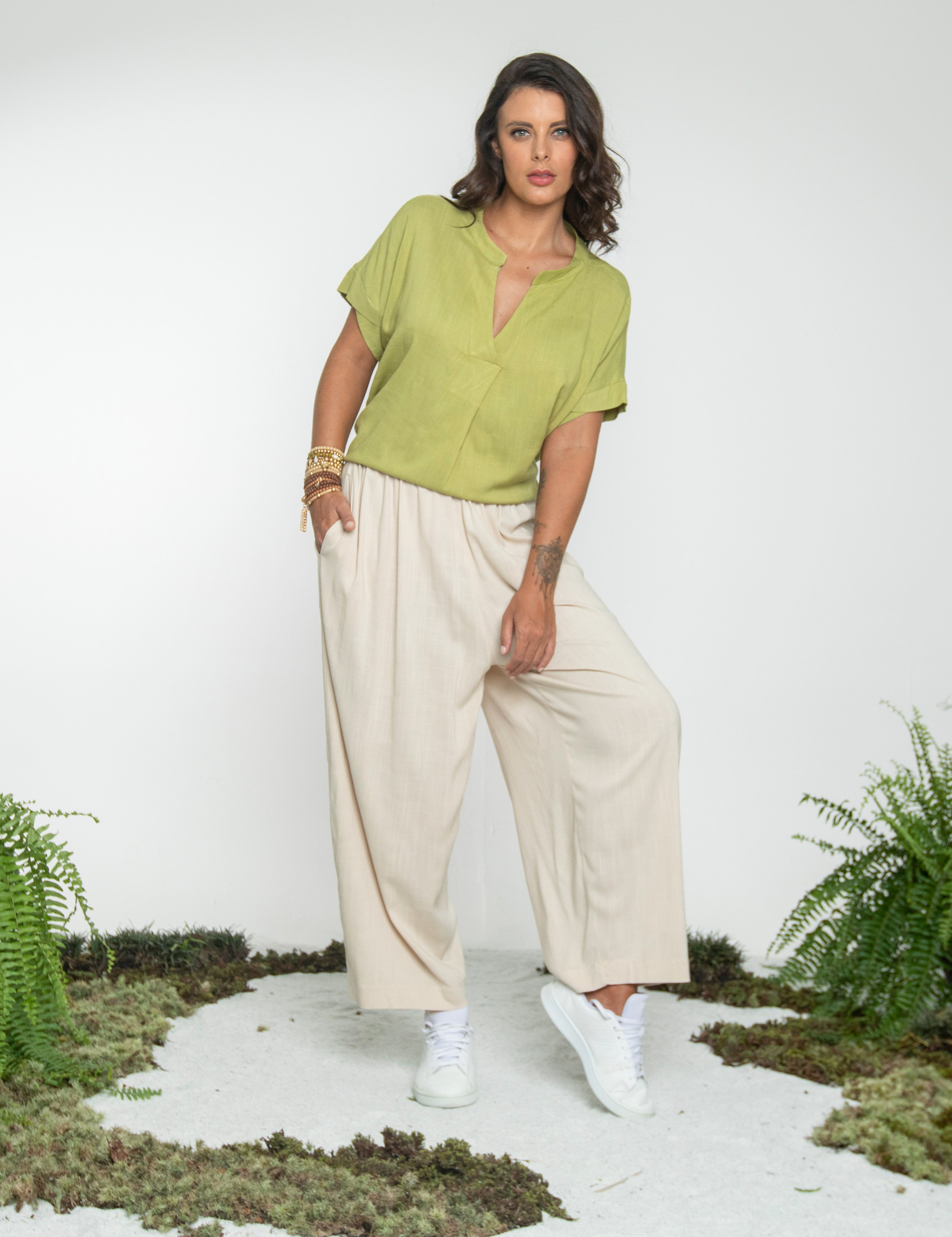 Blusa Prega Linho Verde Atemoia