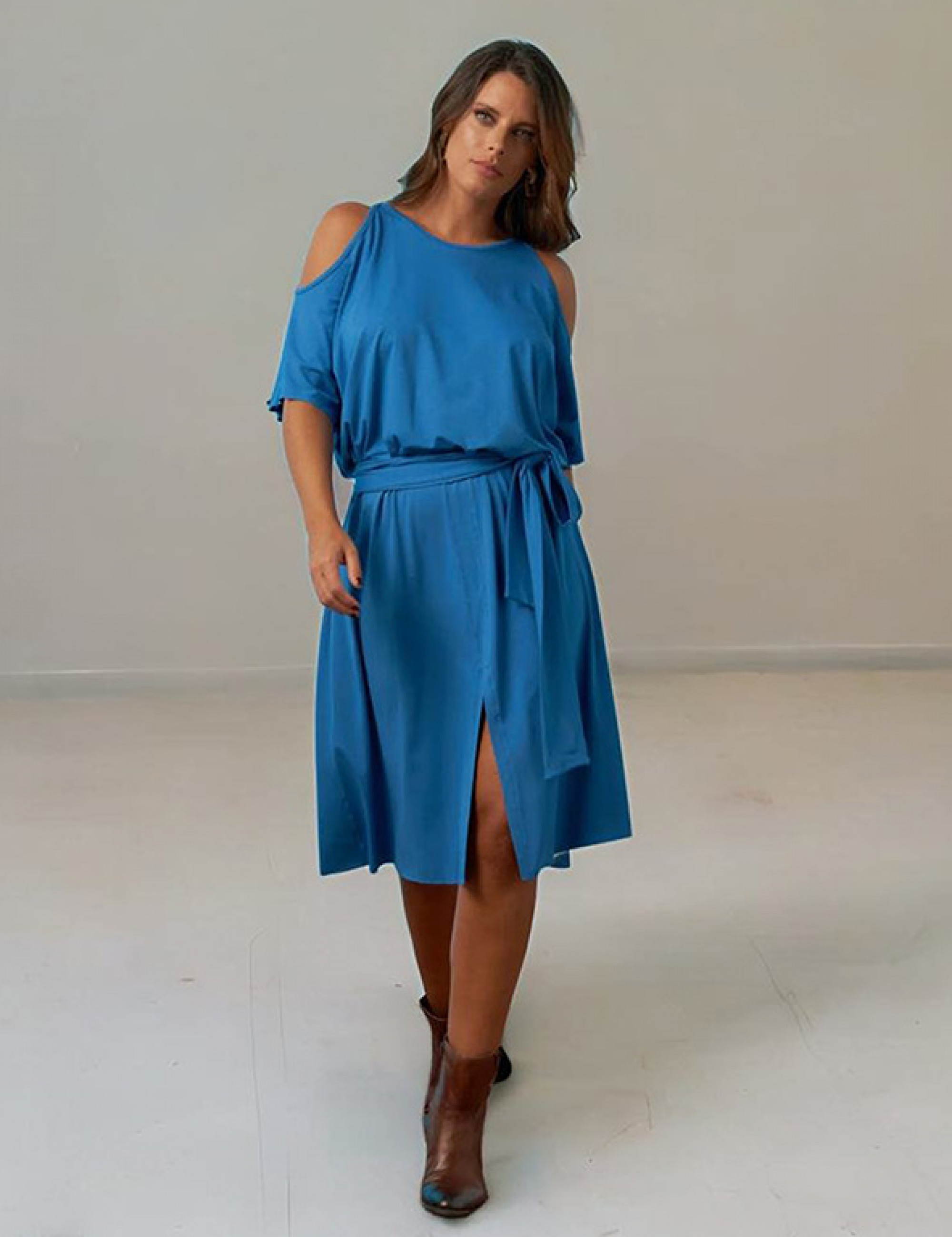 Vestido Abertura Ombro Azul Mineral