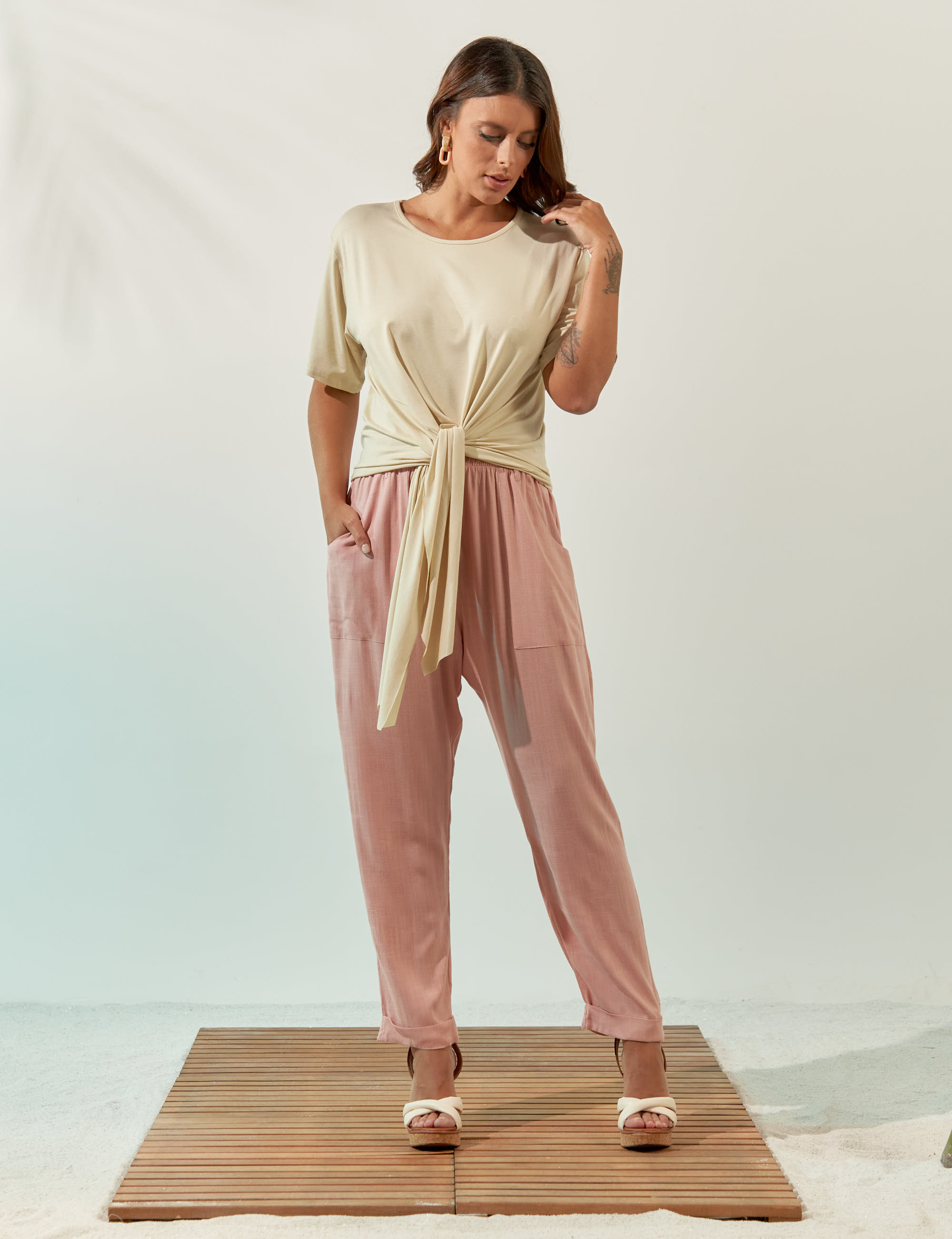 Calça Clássica Linho Rosa Blush