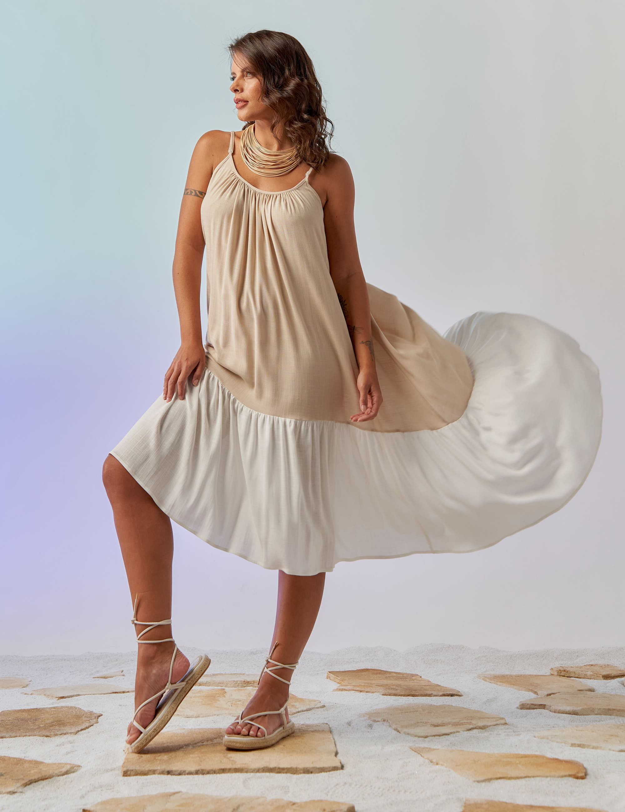 Vestido Mullet Linho Bege Palha