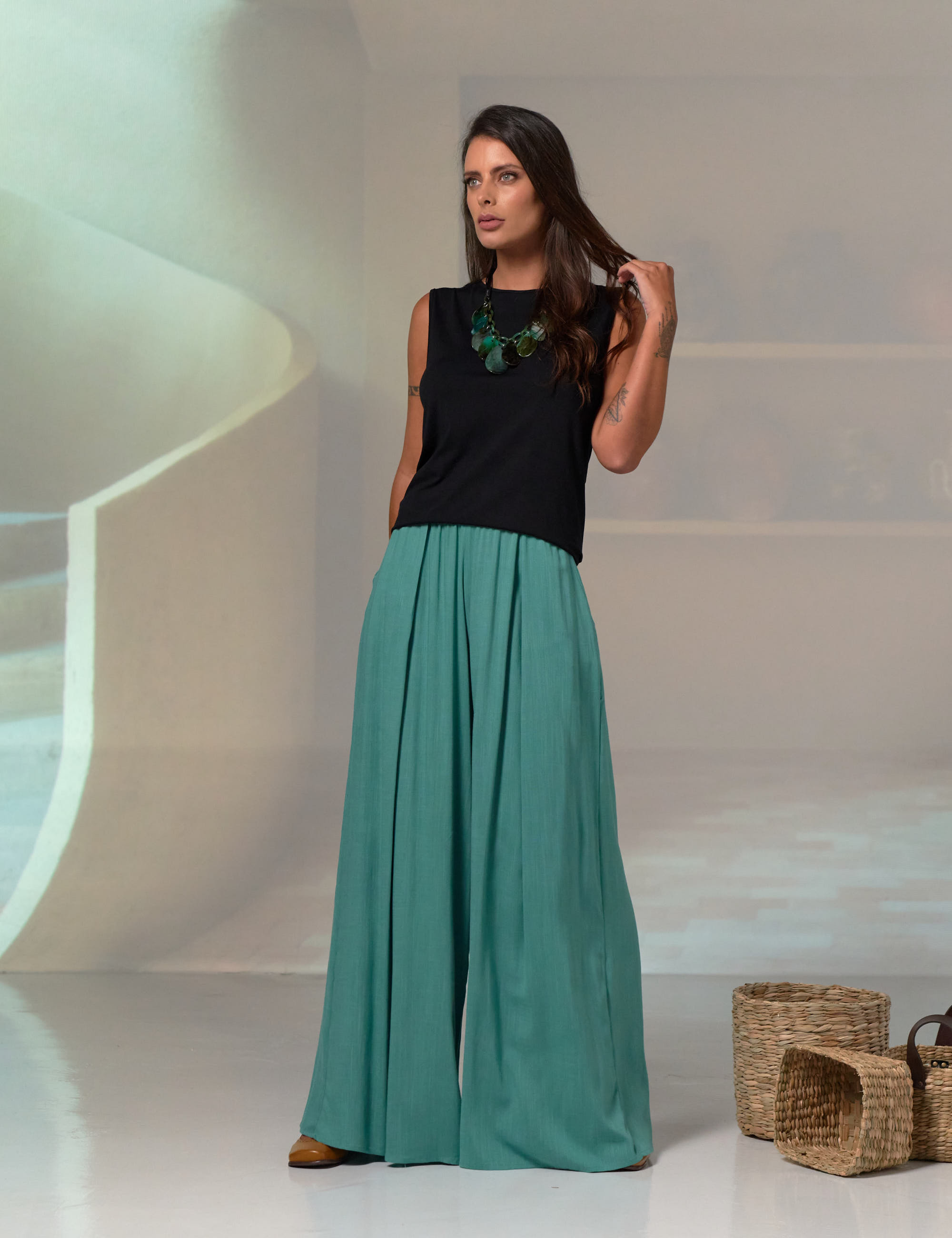 Calça Pantalona Linho Pregas Igarapé