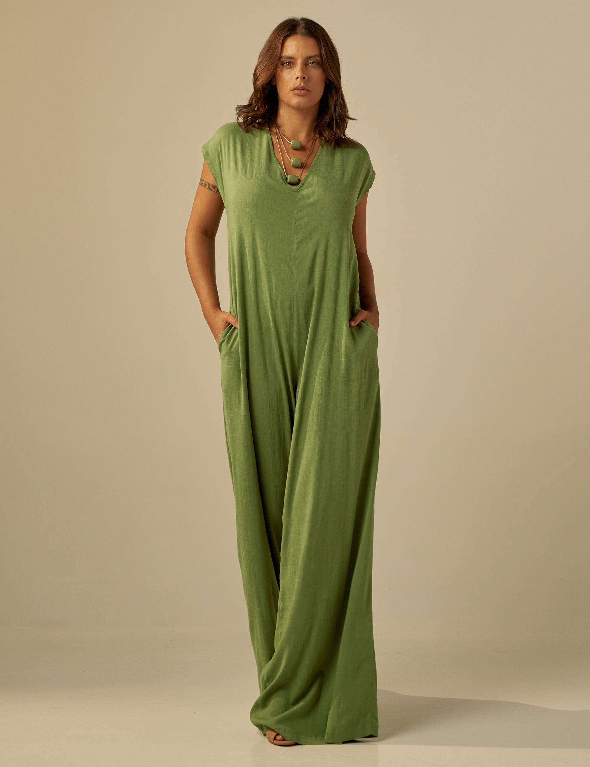 Macacão Pantalona Linho Verde Atemoia