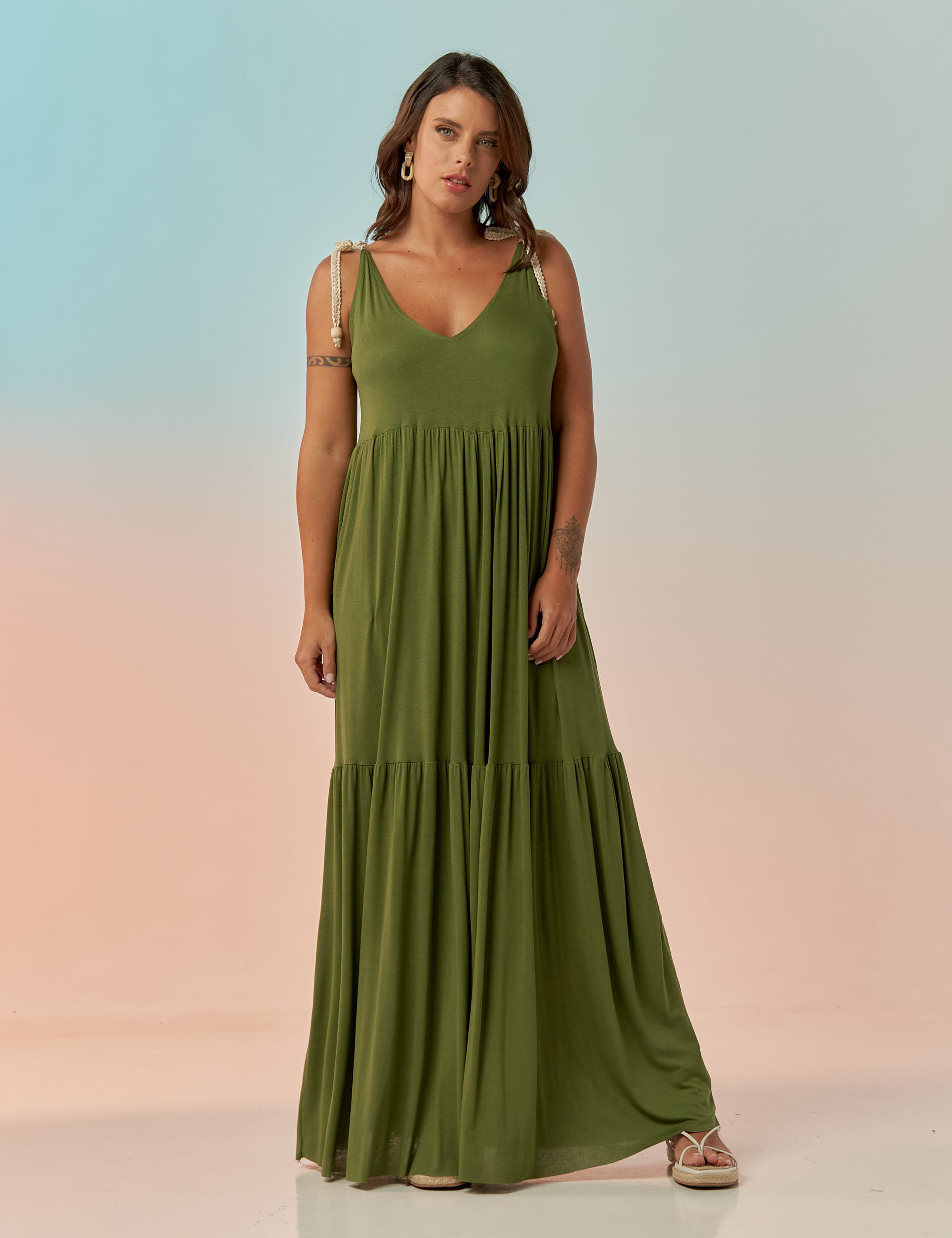 Vestido Soft Cordas Azeitona