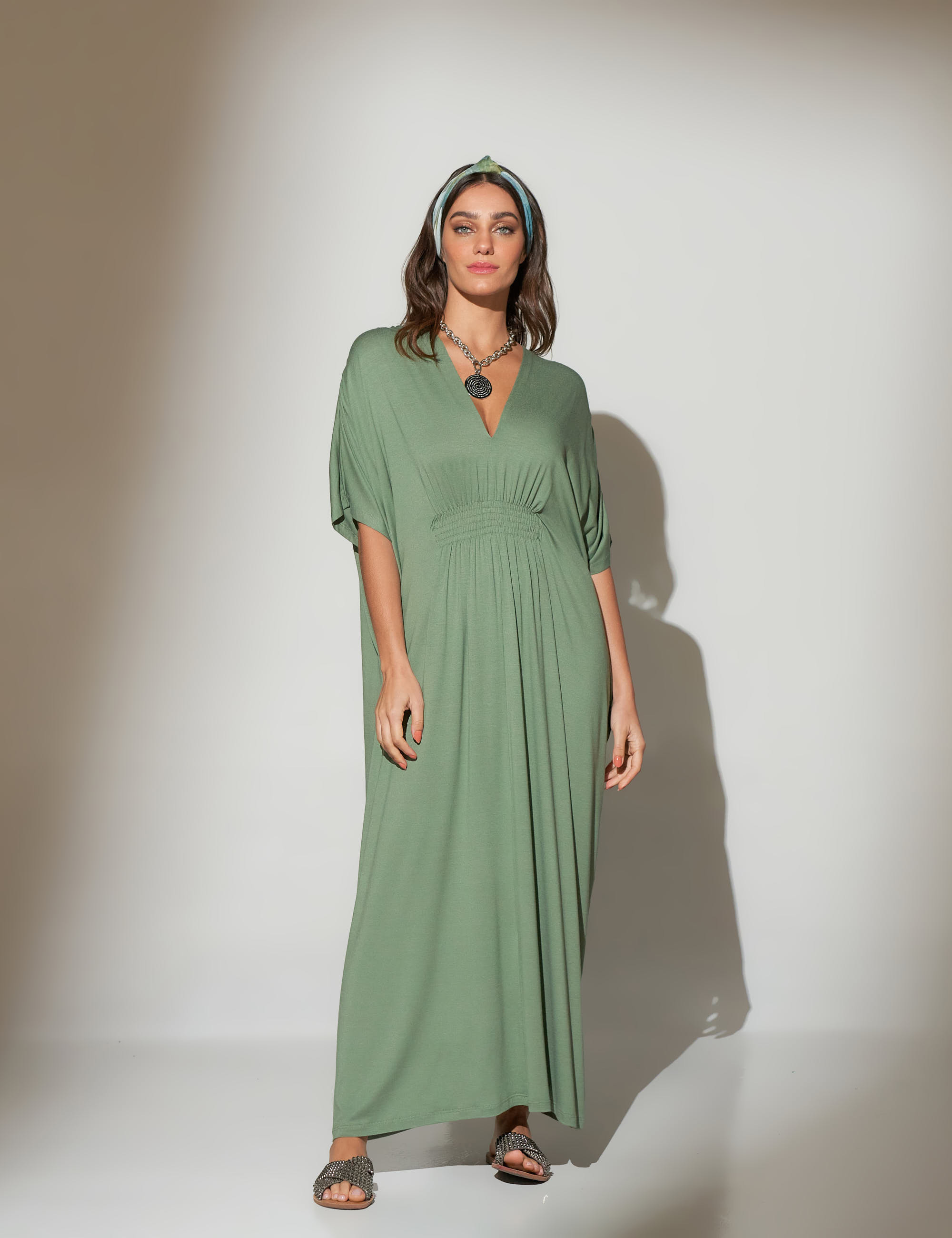 Vestido Kaftan Franzido Azeitona-U