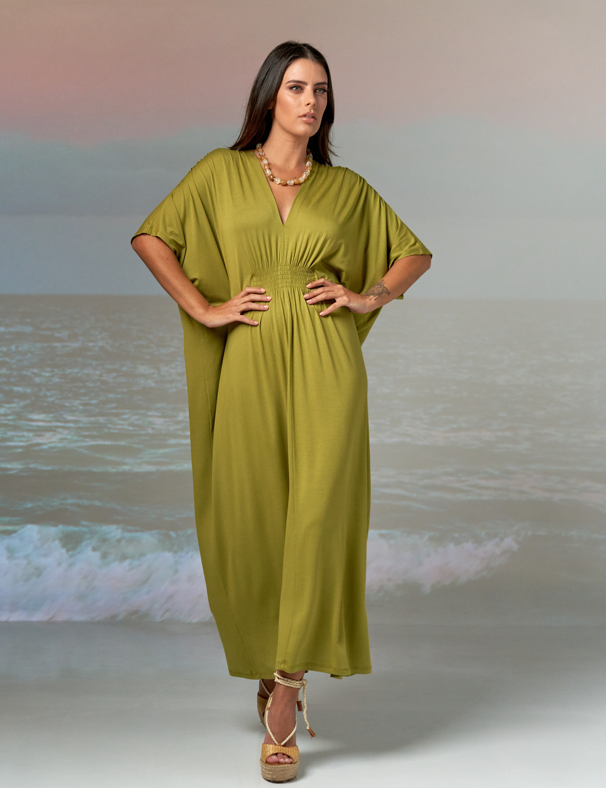 Vestido Kaftan Franzido Maçã Verde