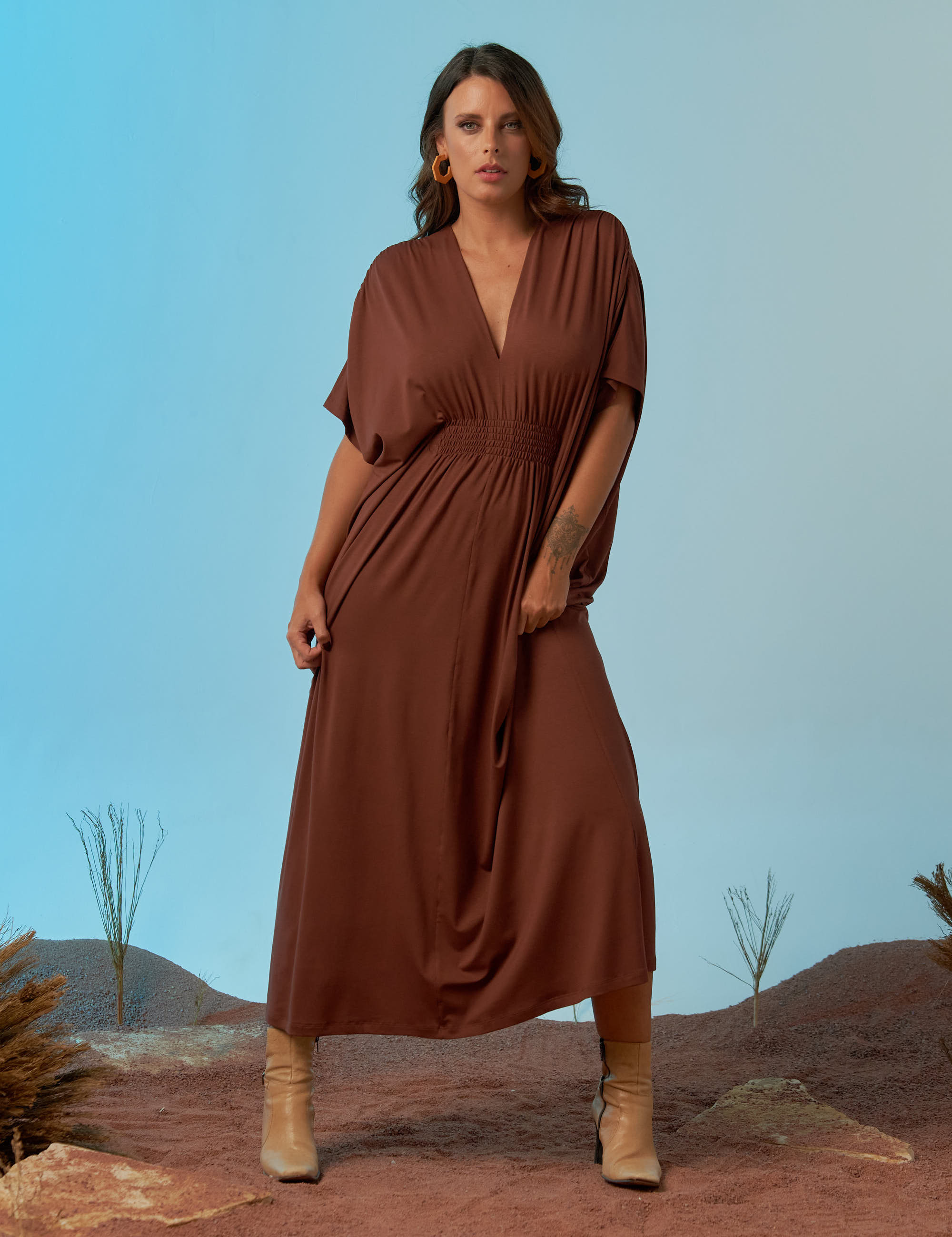 Vestido Kaftan Franzido Marrom Cacau