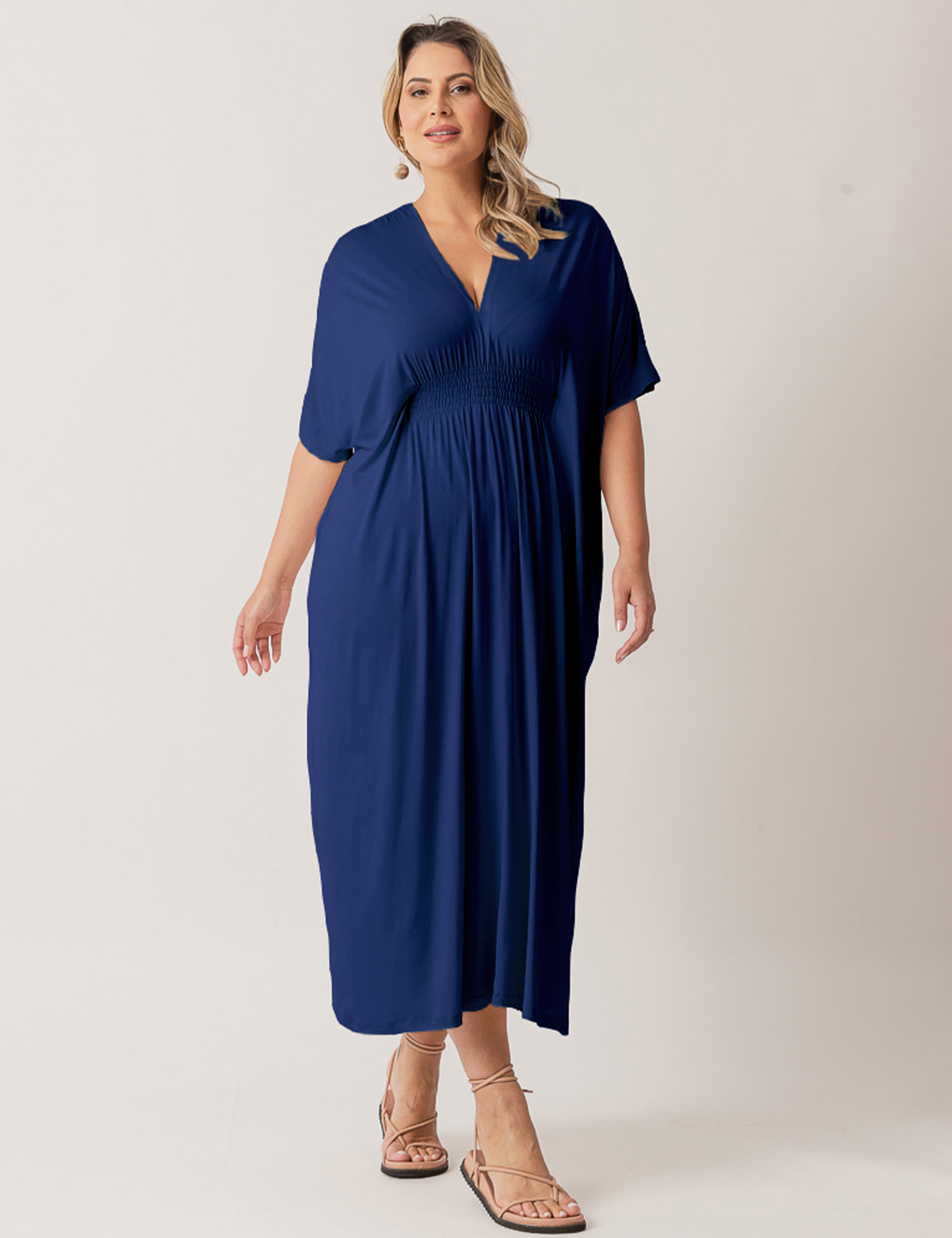 Vestido Kaftan Franzido Azul Marinho