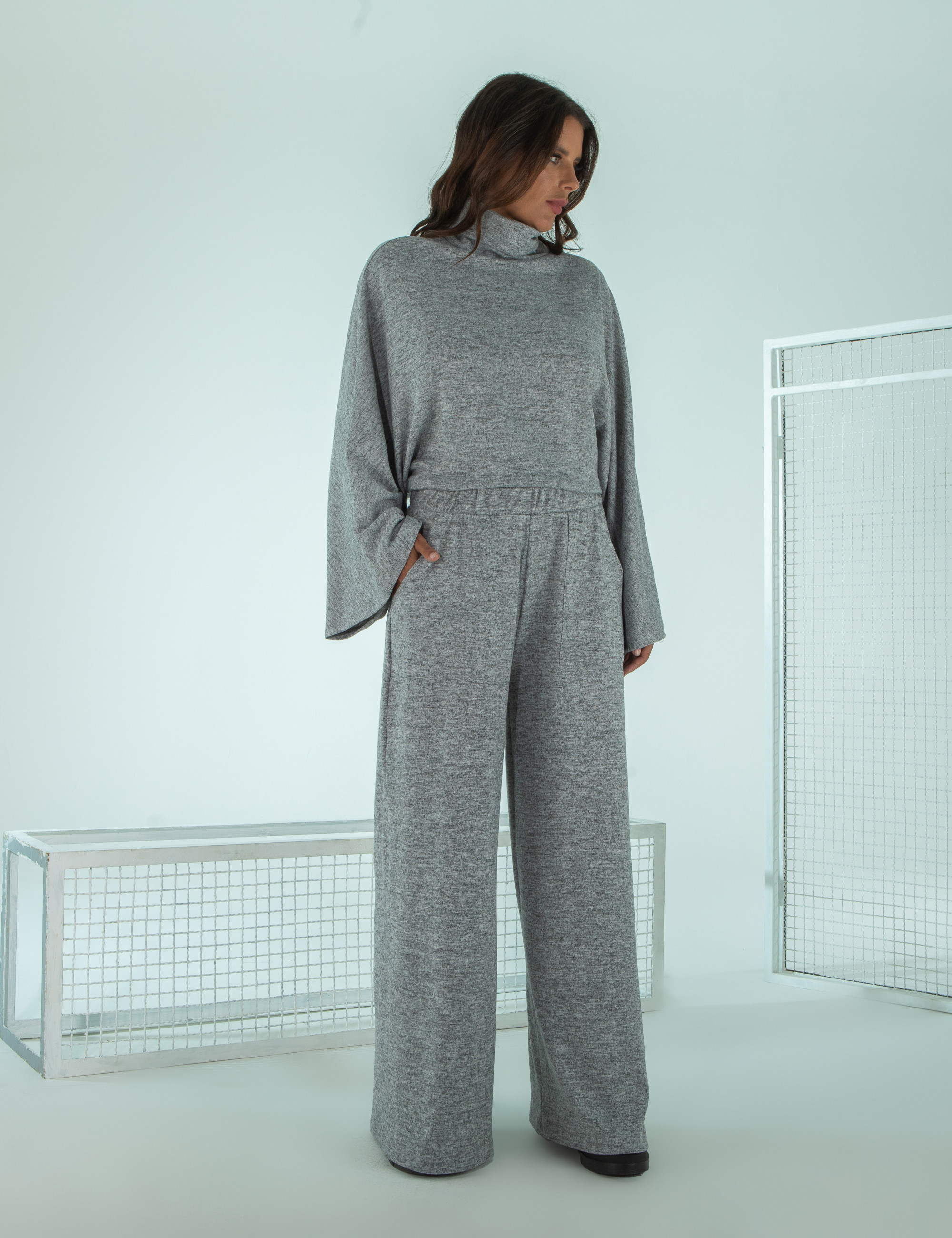 Calça Pantalona Lã Cinza Mescla Escuro