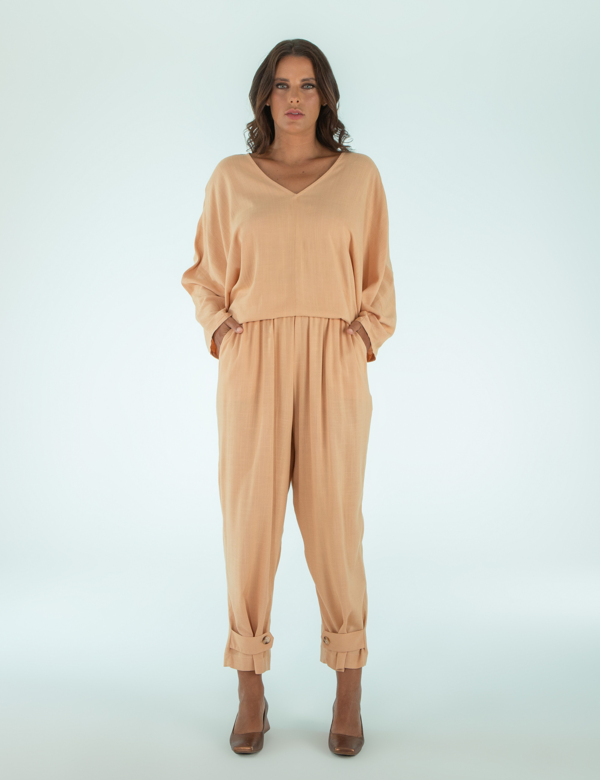 Blusa Manga Longa Linho Bege Camurça