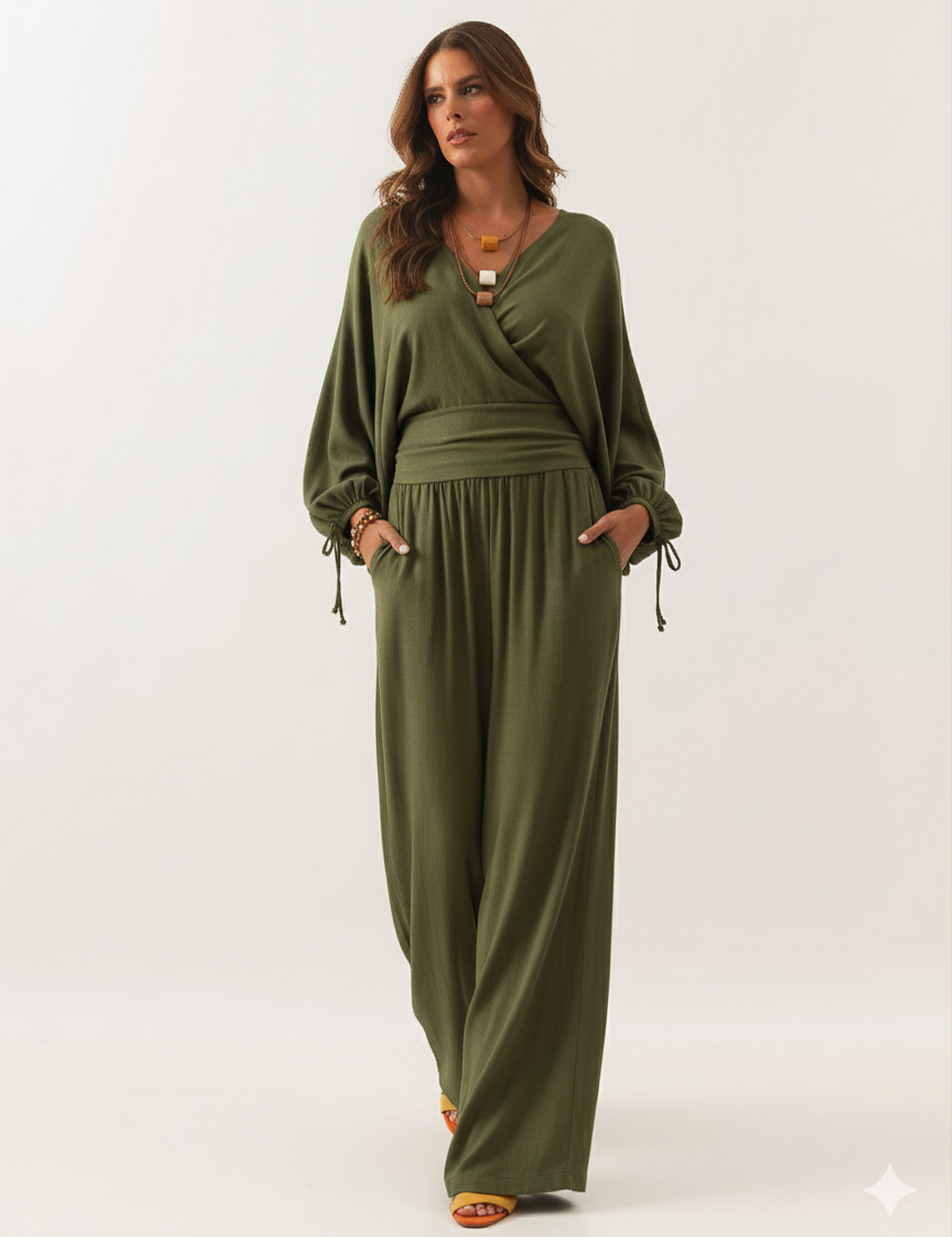 Calça Maxi Pantalona Linho Verde Selva