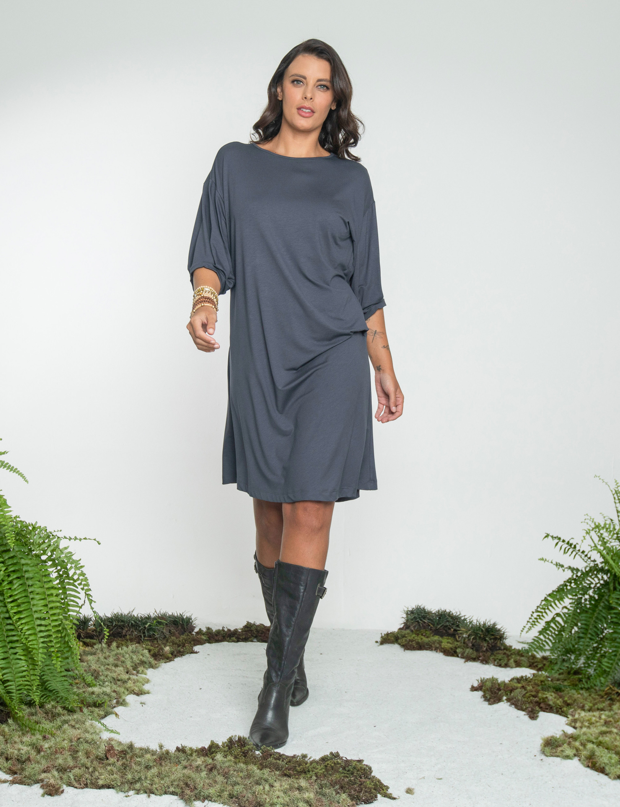 Vestido Drapeado Cinza Cobalto