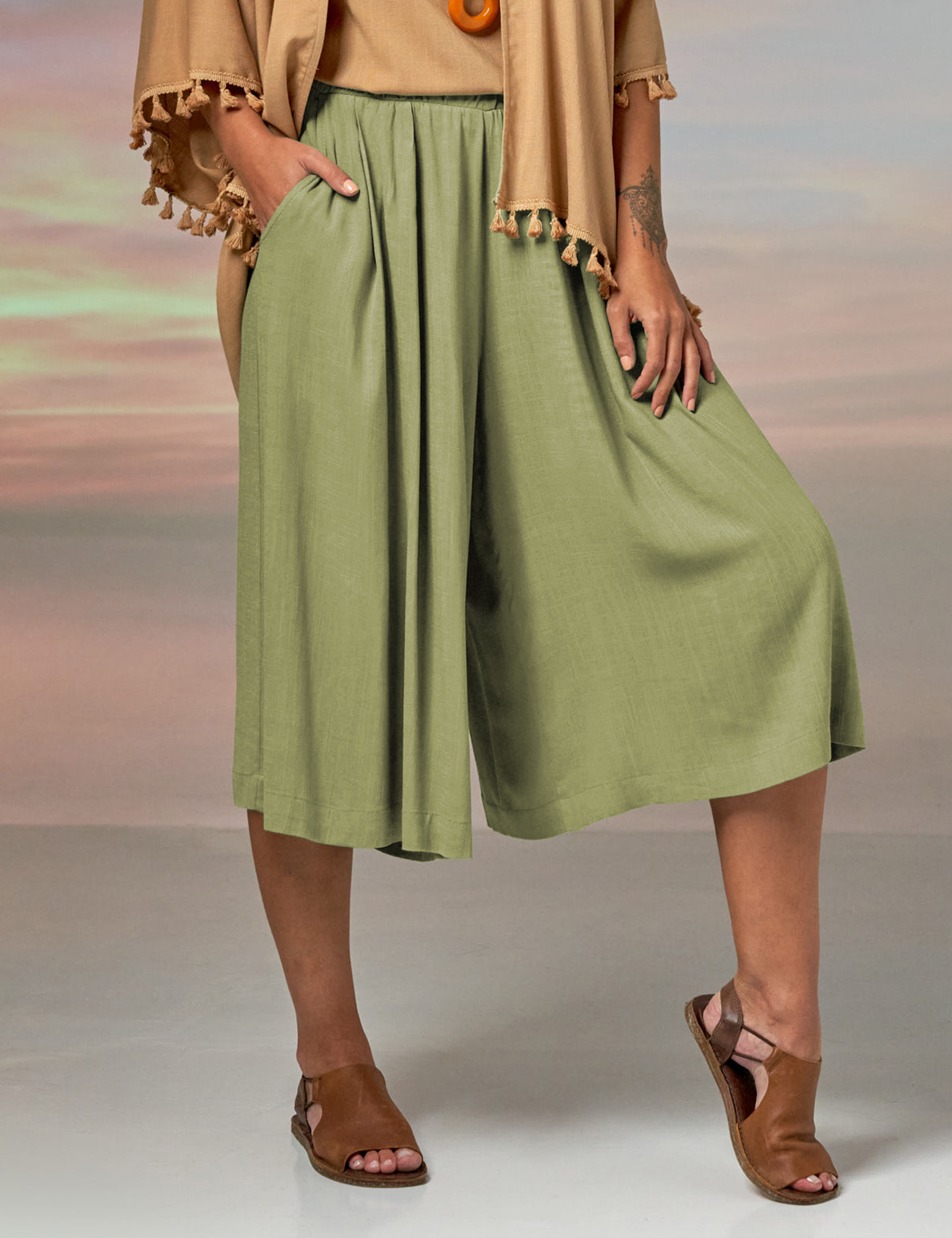 Calça Pantacourt Linho Maçã Verde