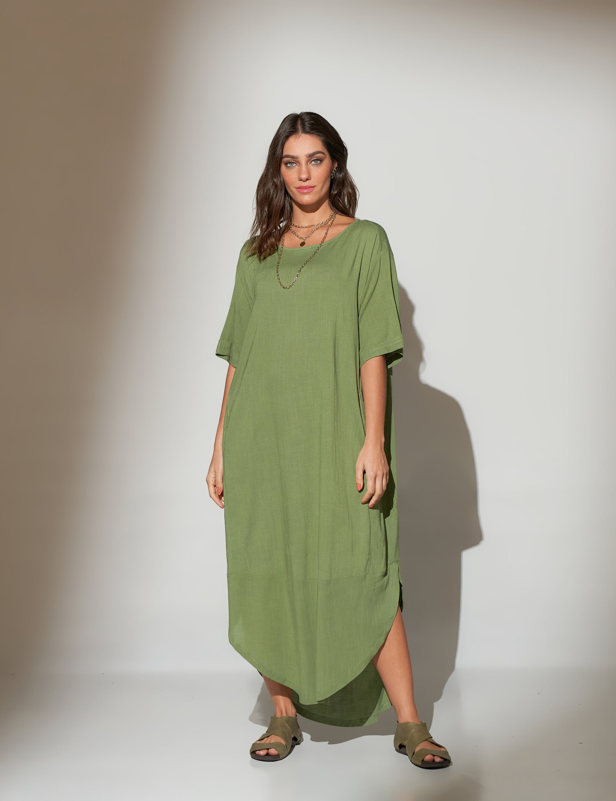 Vestido Midi Linho Azeitona-U