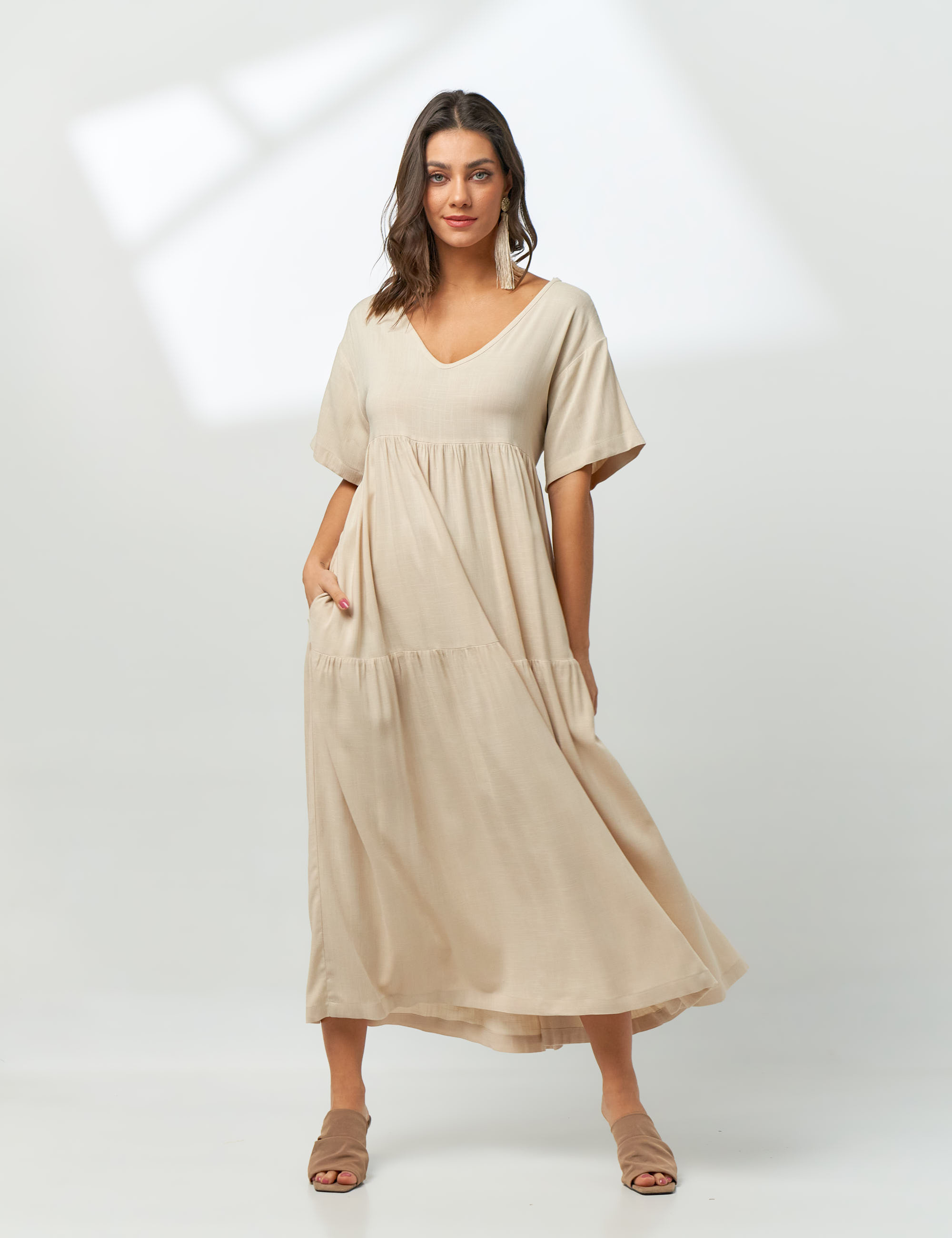 Vestido Linho Gola V Trigo