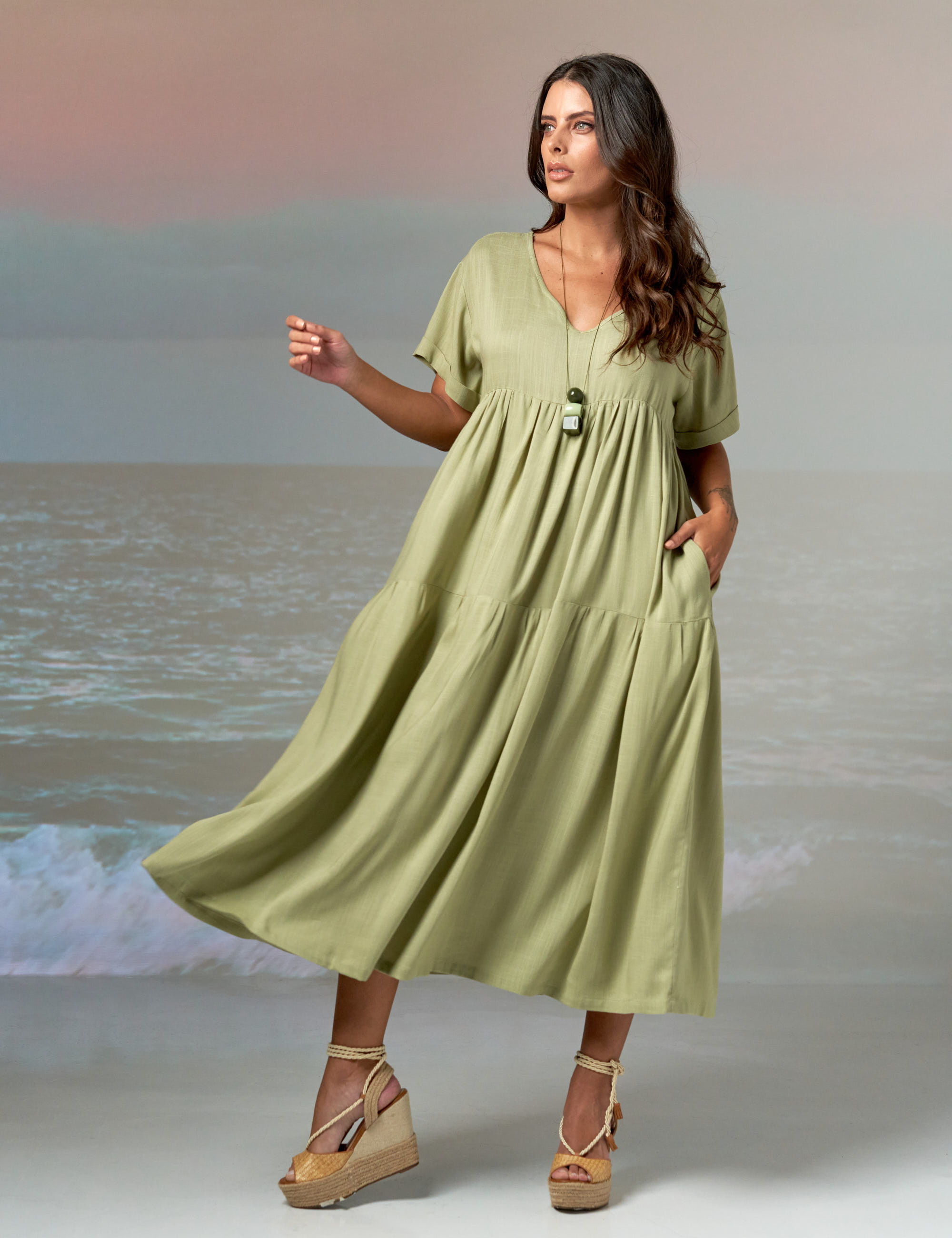 Vestido Linho Gola V Maçã Verde