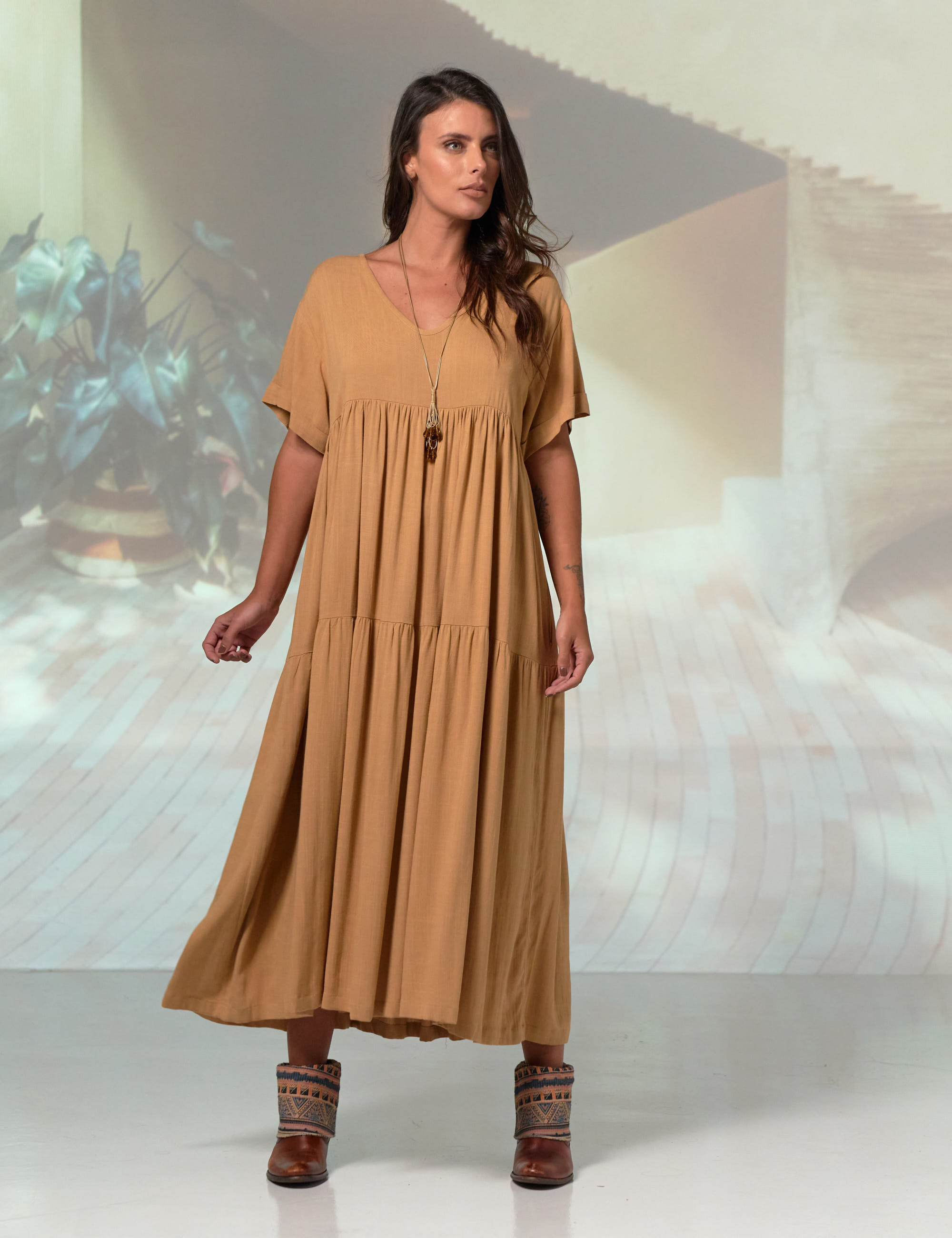 Vestido Linho Gola V Ambrosia