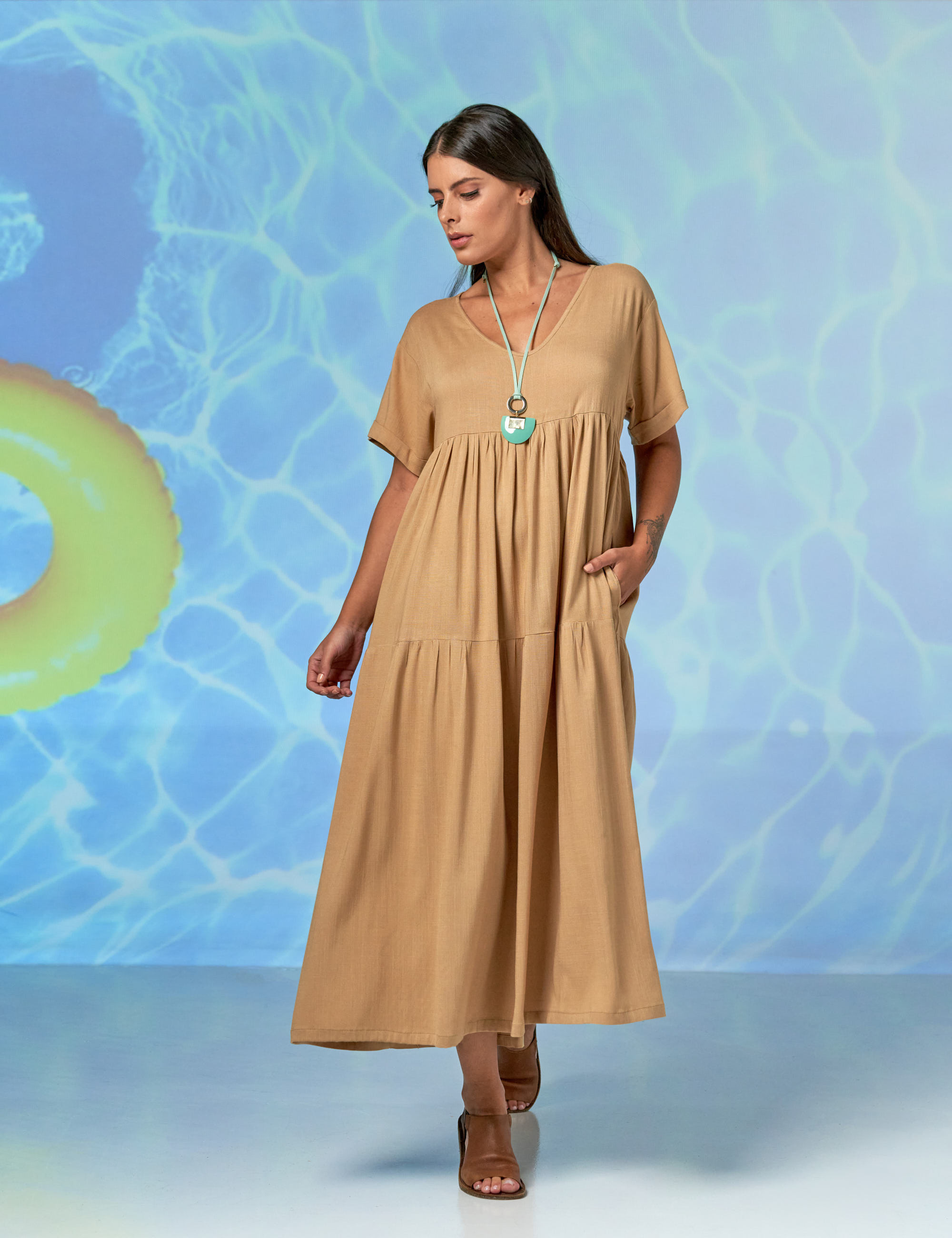 Vestido Linho Gola V Areia