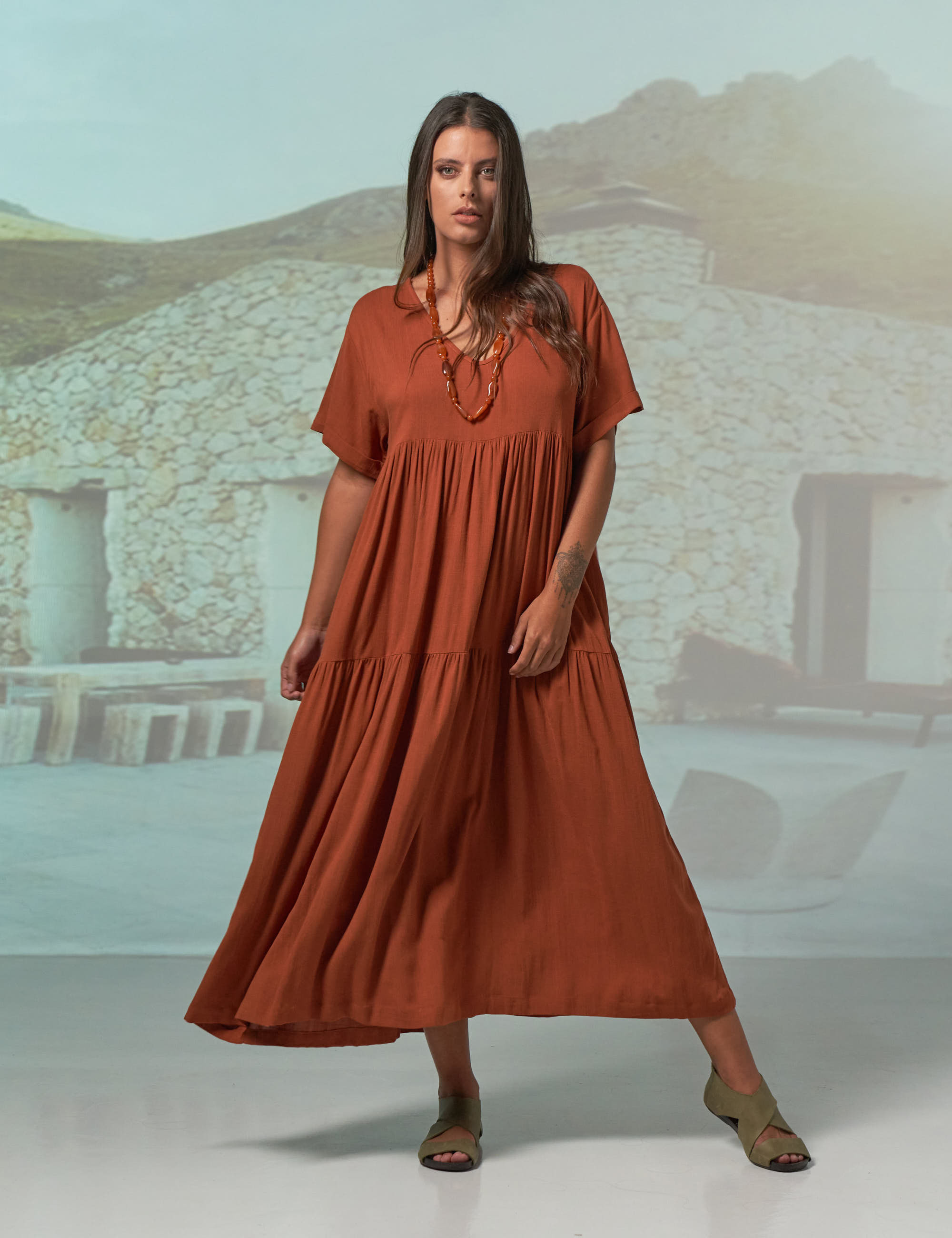 Vestido Linho Gola V Amendoim