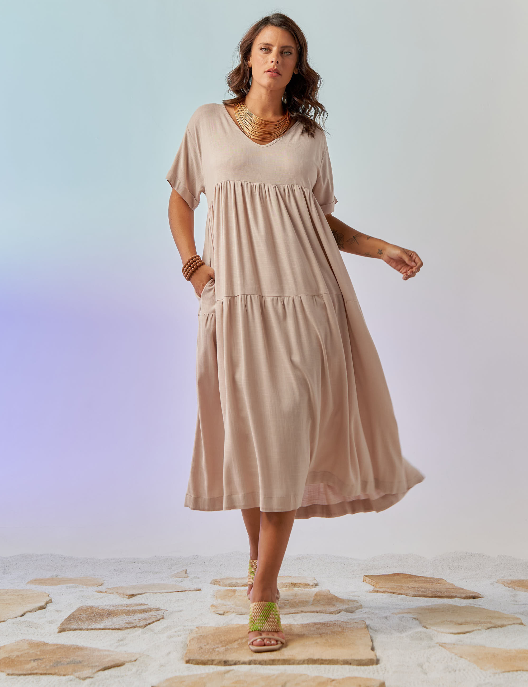 Vestido Linho Gola V Aspargo