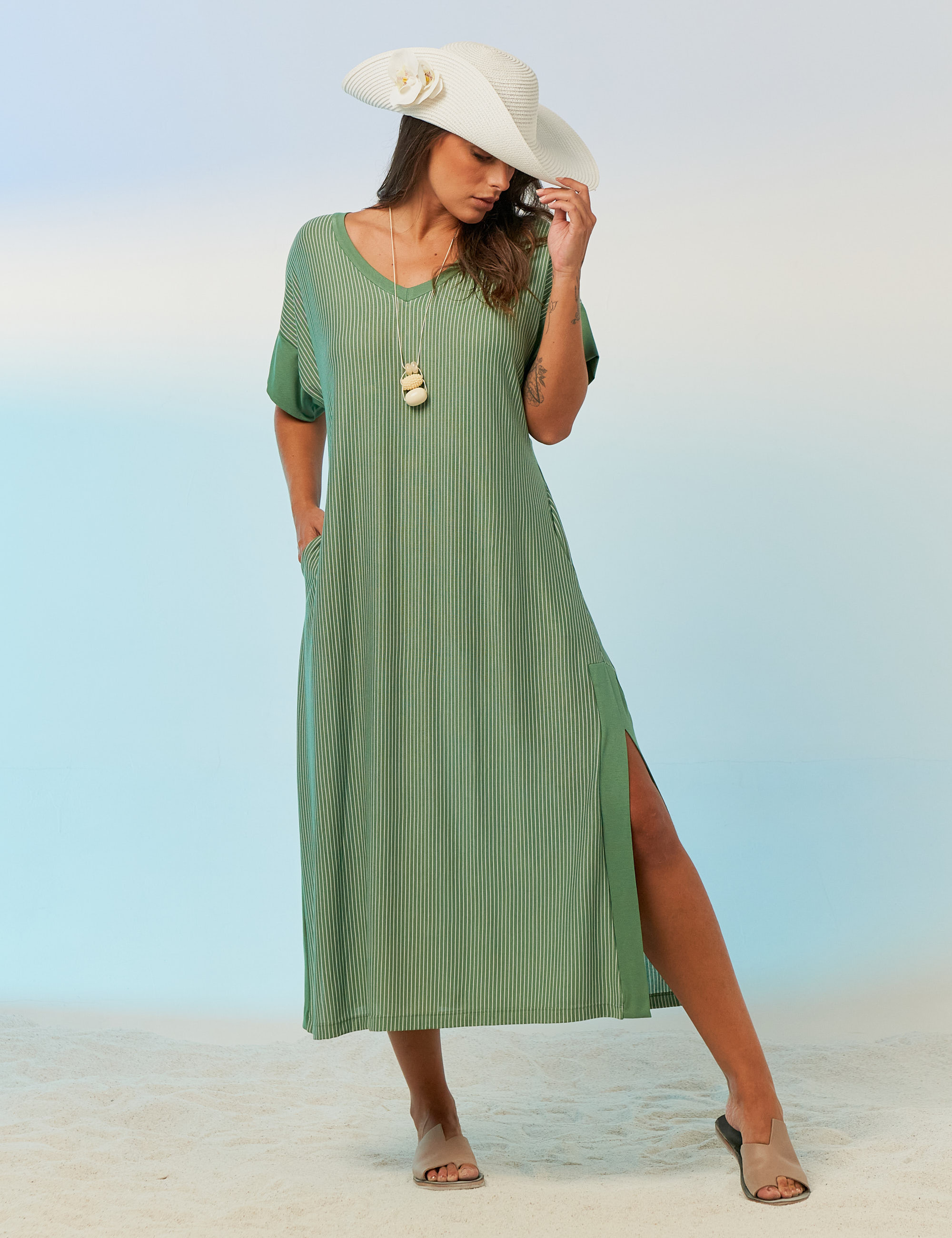 Vestido Midi Bicolor Listras Coco