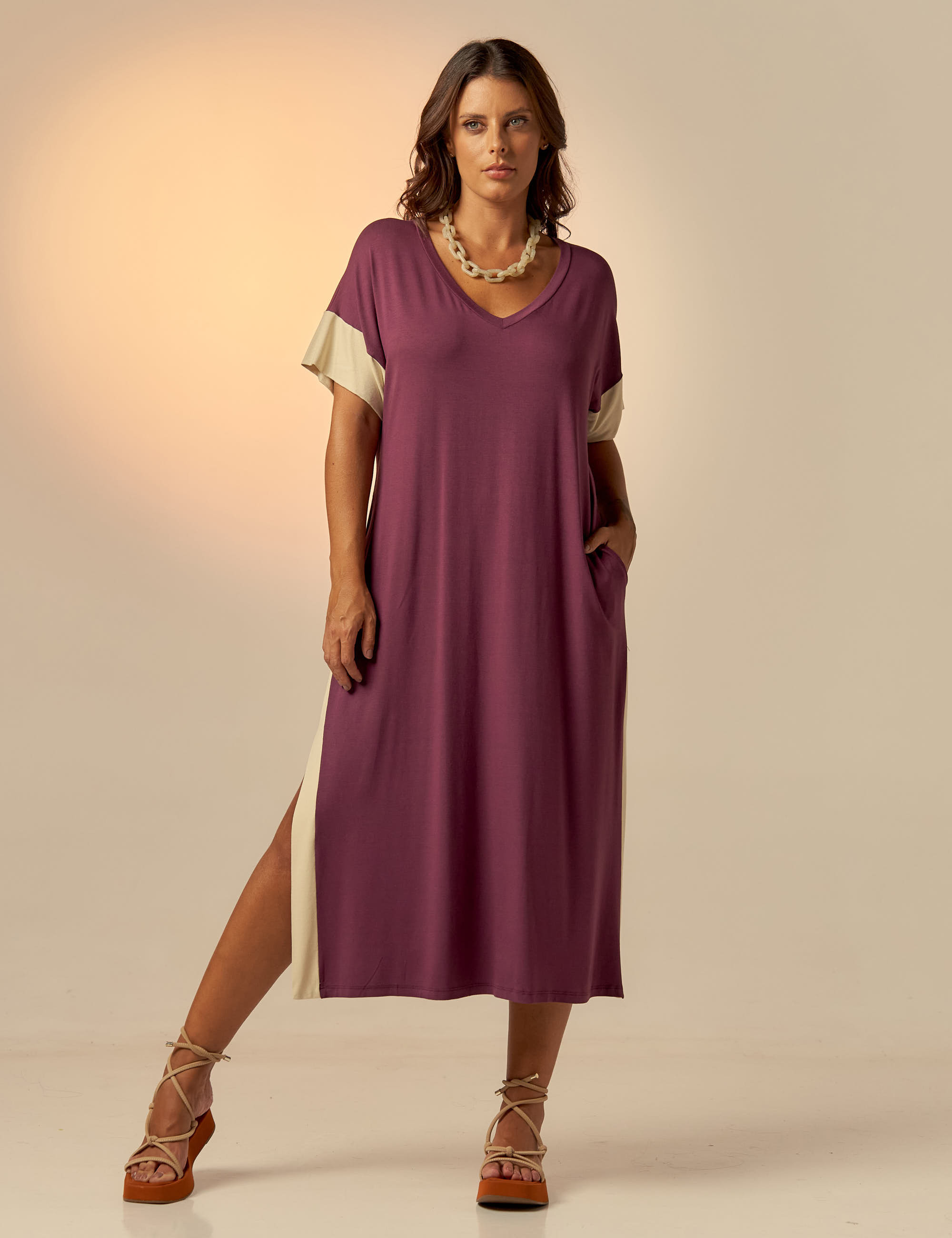 Vestido Midi Bicolor Merlot