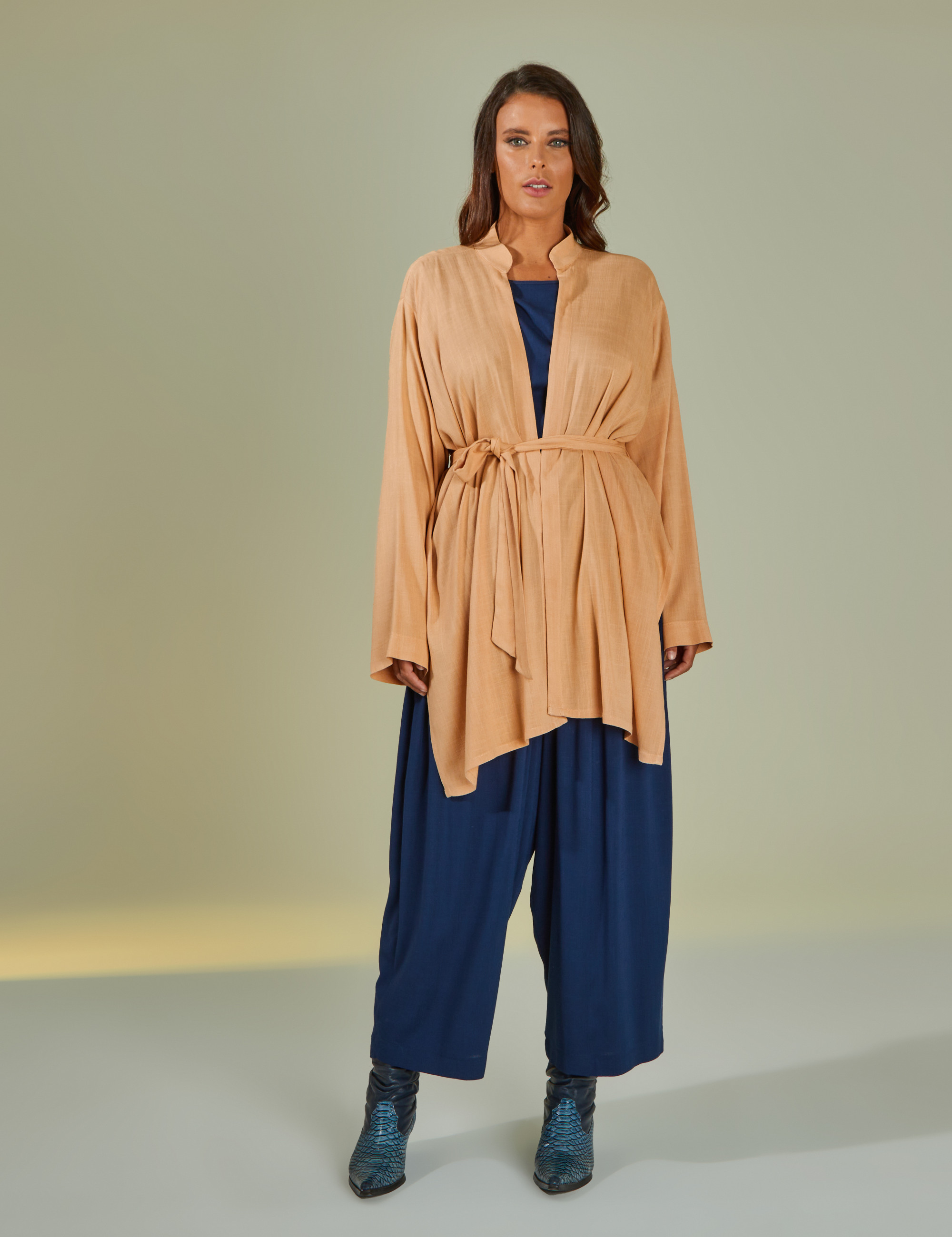 Cardigã Linho Transpasse Bege Camurça