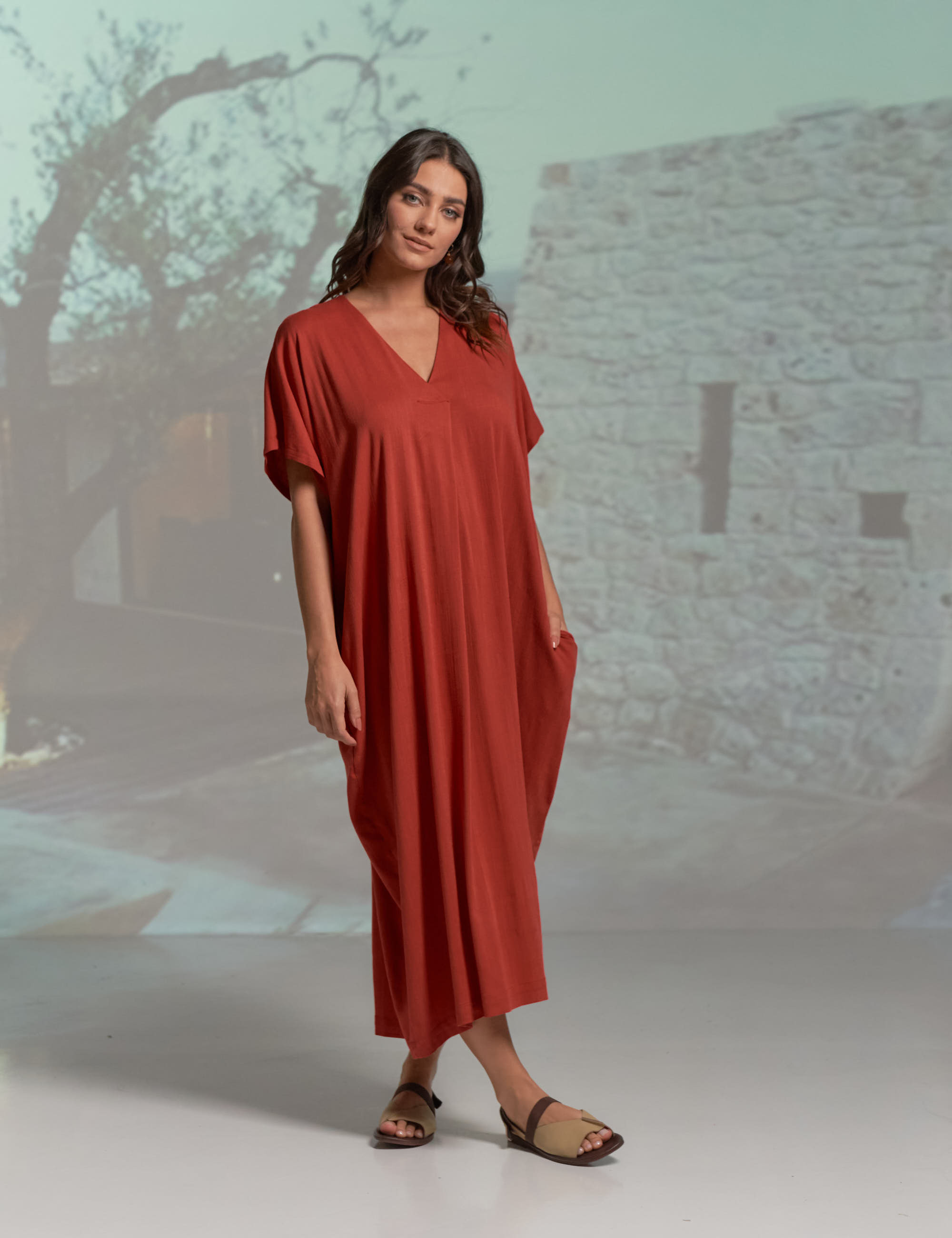 Vestido Linho Prega Goiabada