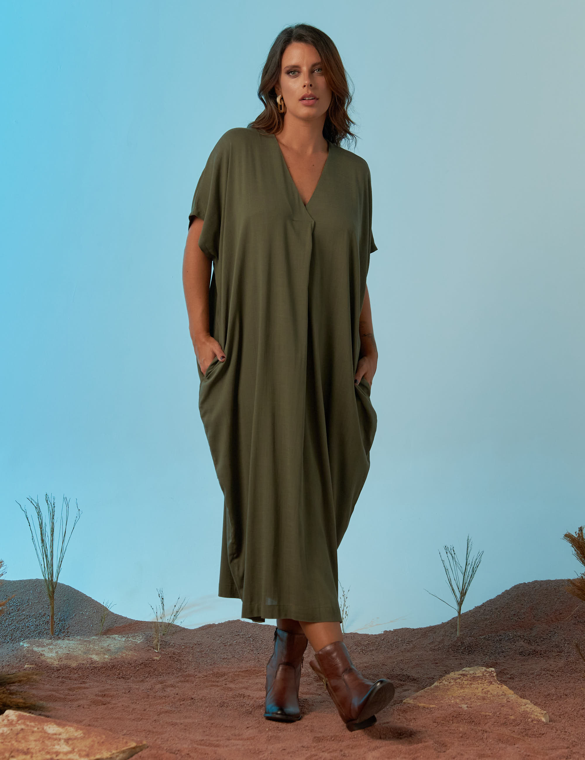 Vestido Linho Prega Verde Botânico