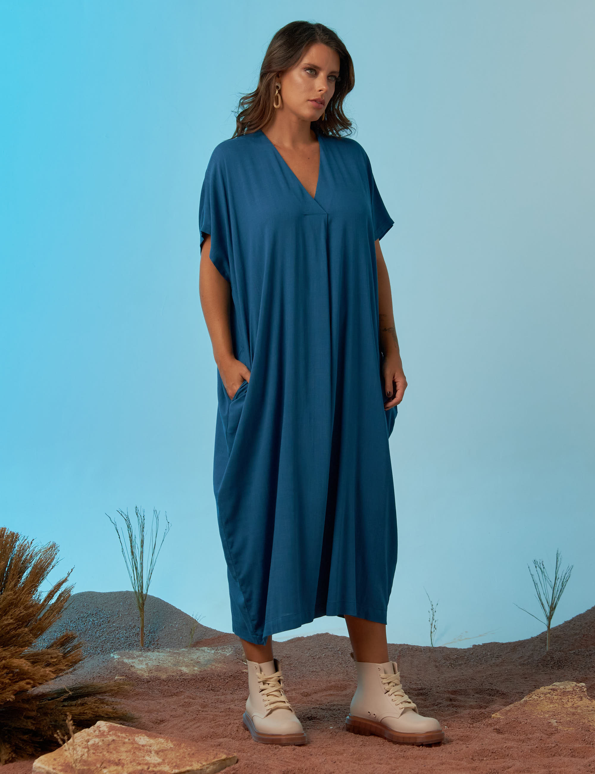 Vestido Linho Prega Azul Petróleo