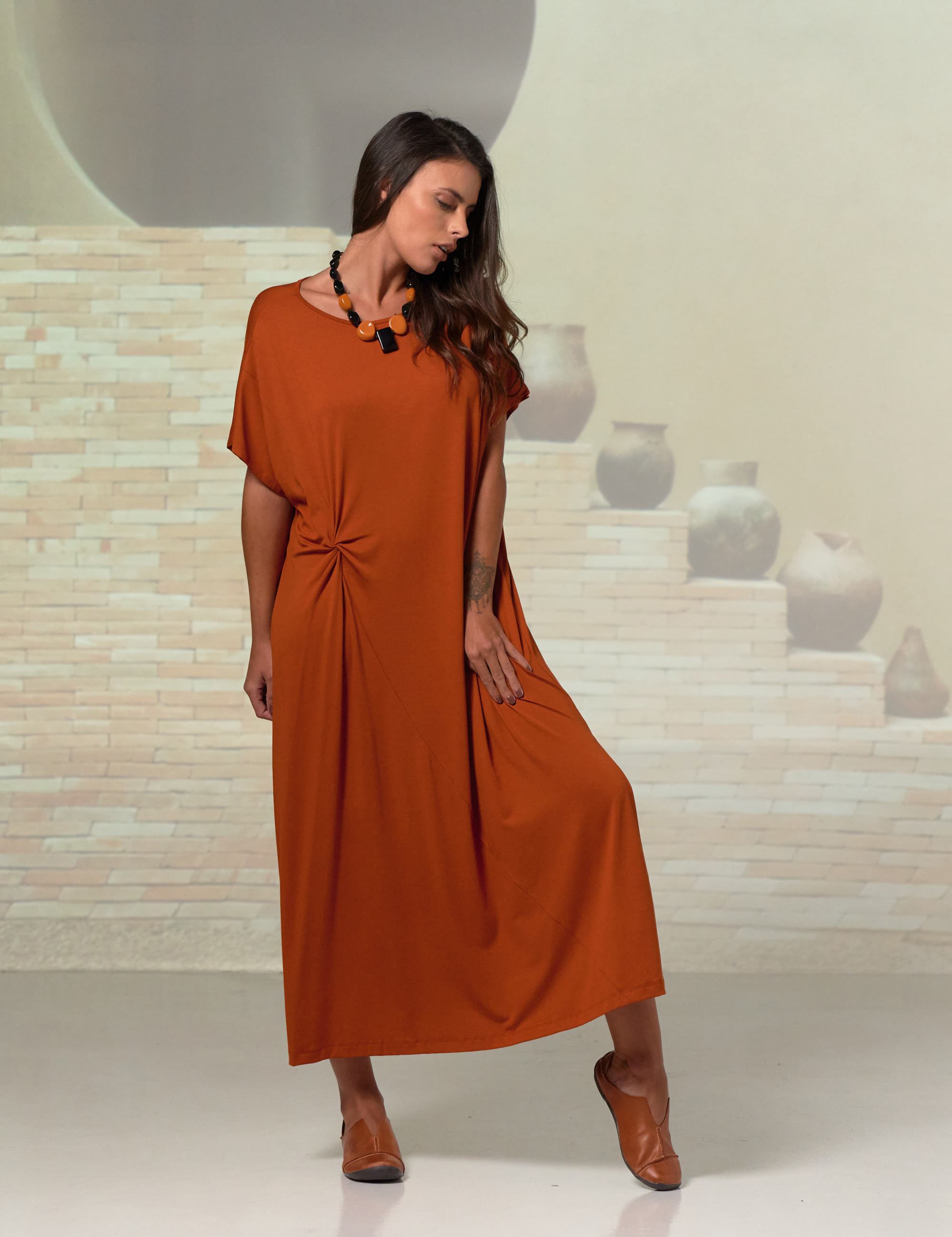 Vestido Drapeado Malha Canela