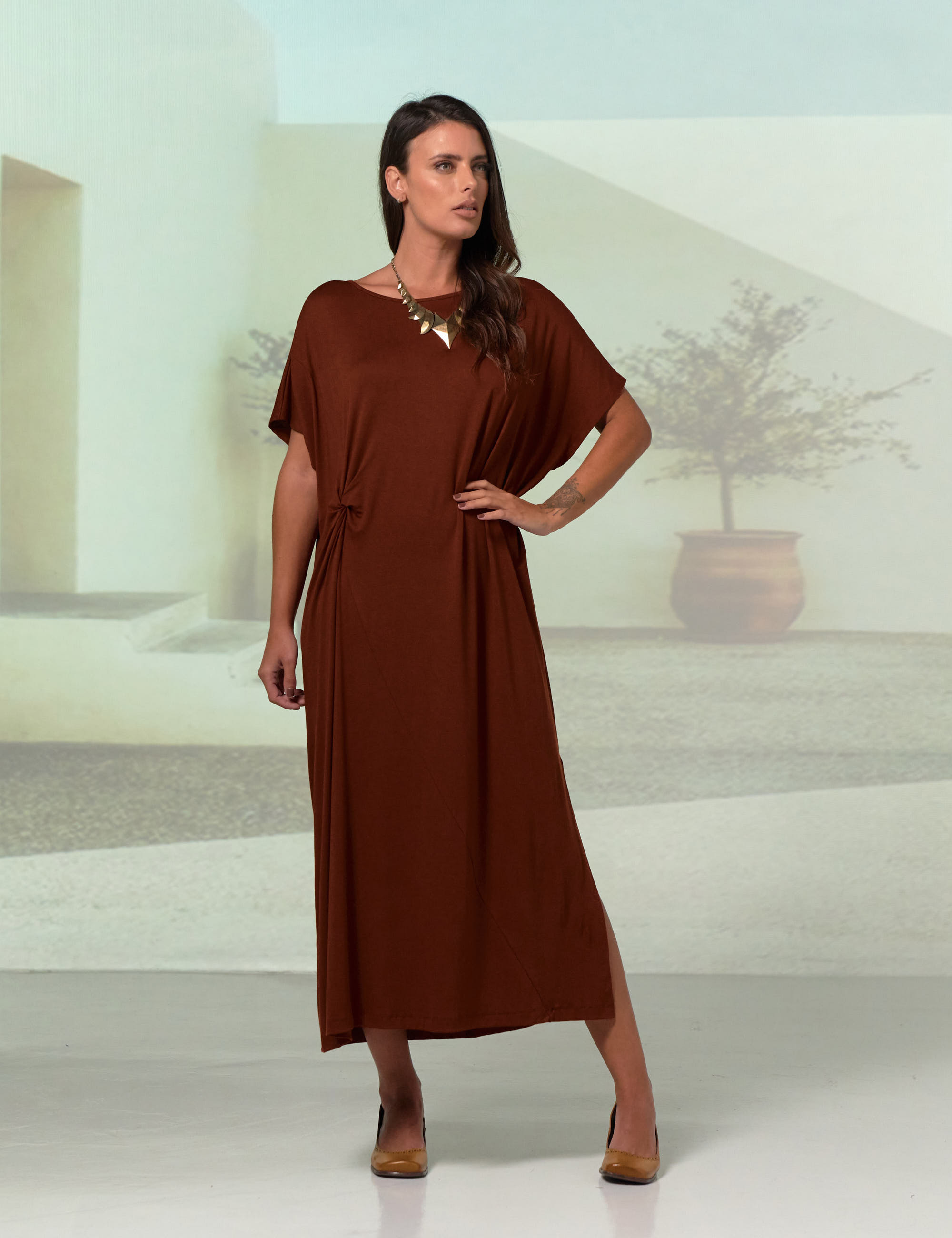 Vestido Drapeado Malha Barro