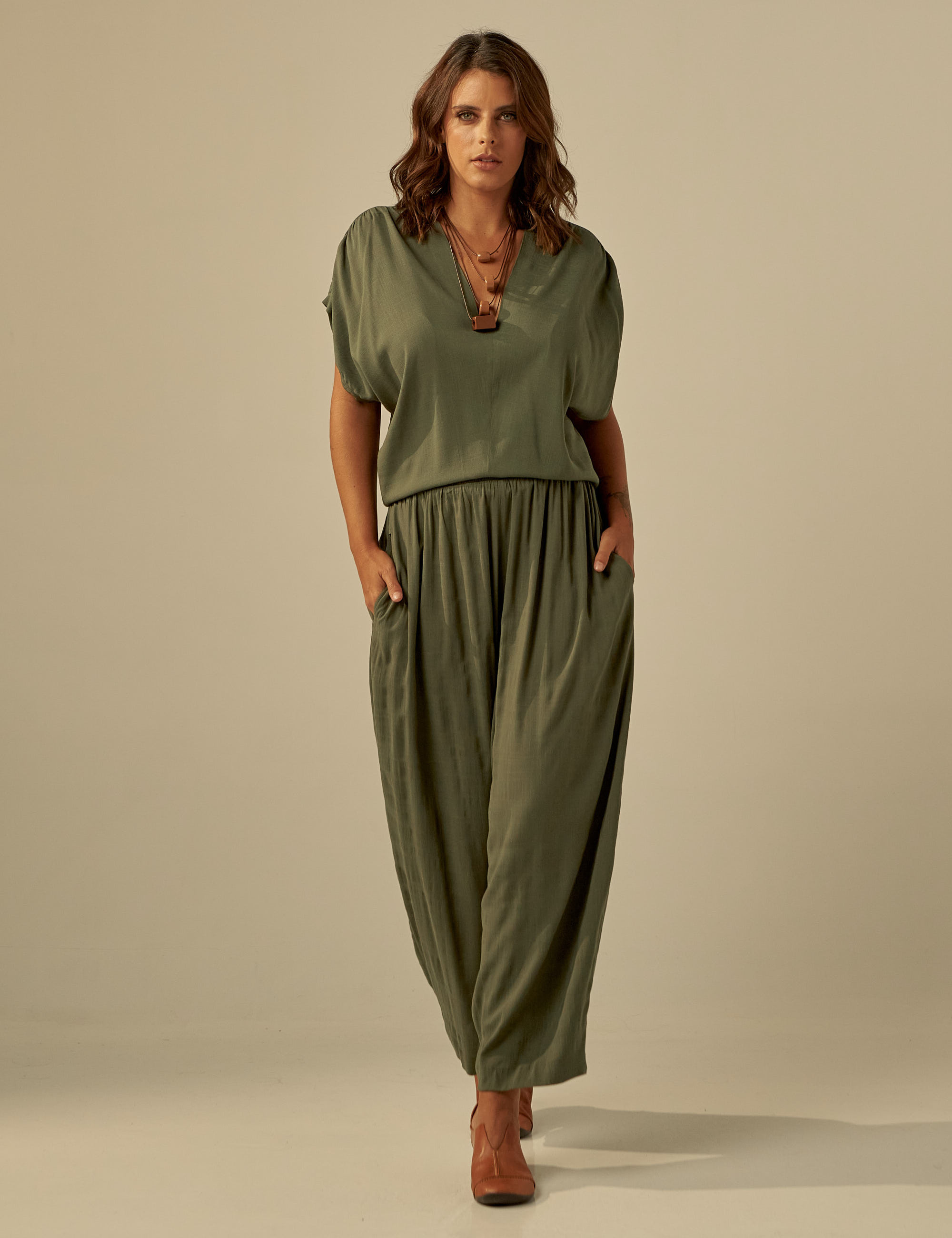 Blusa Franzida Ombro Musgo