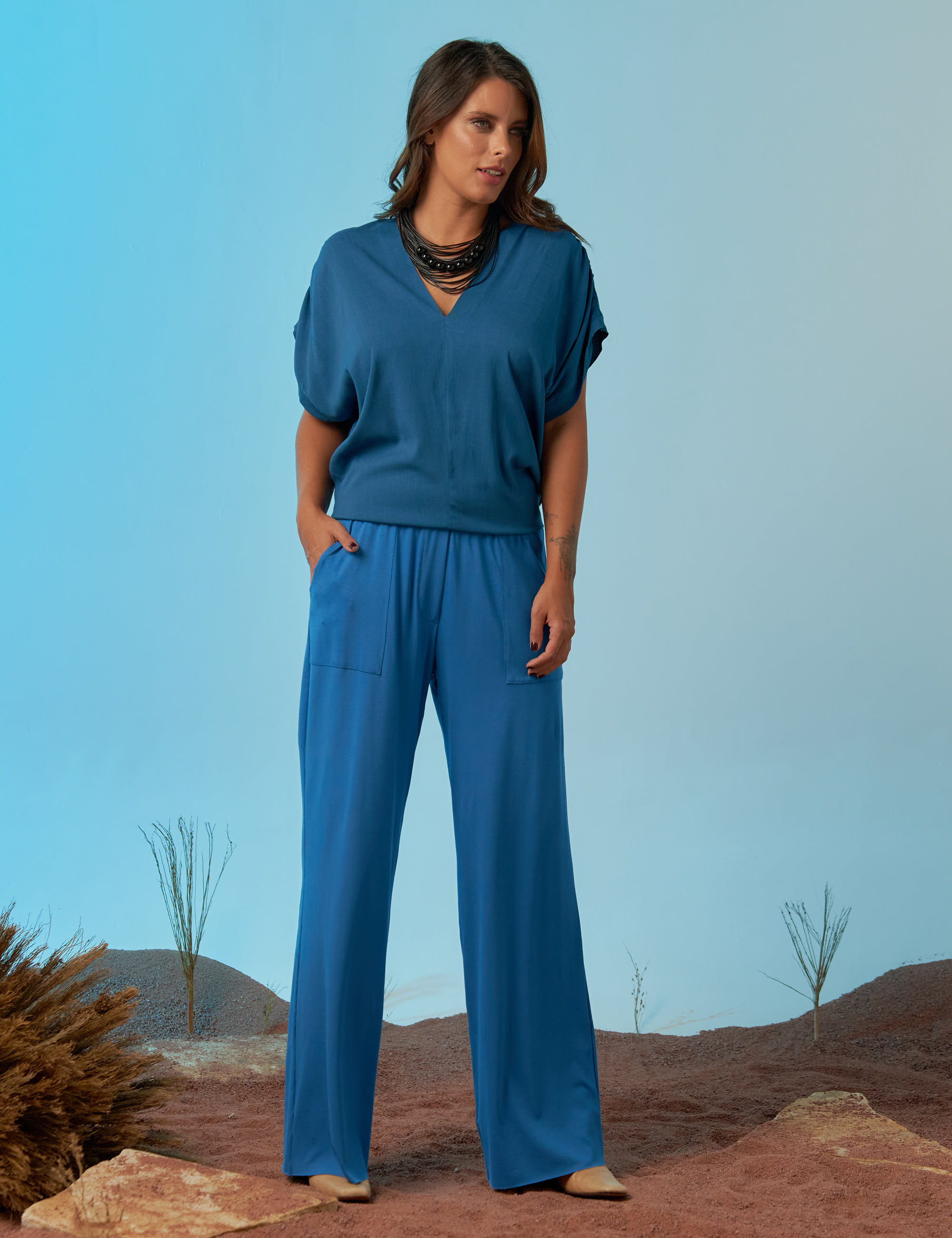 Blusa Franzida Ombro Azul Petróleo