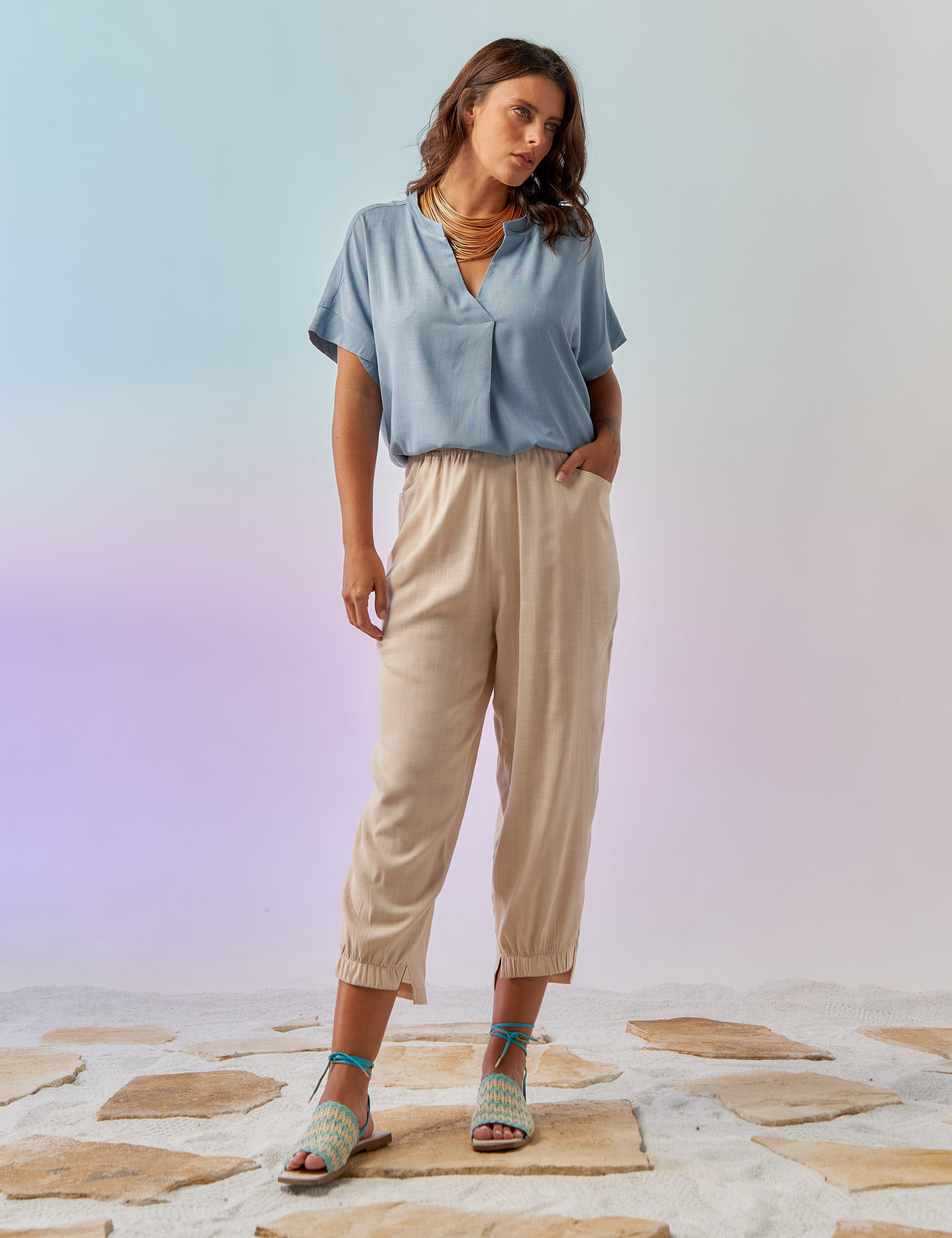 Blusa Prega Linho Celeste