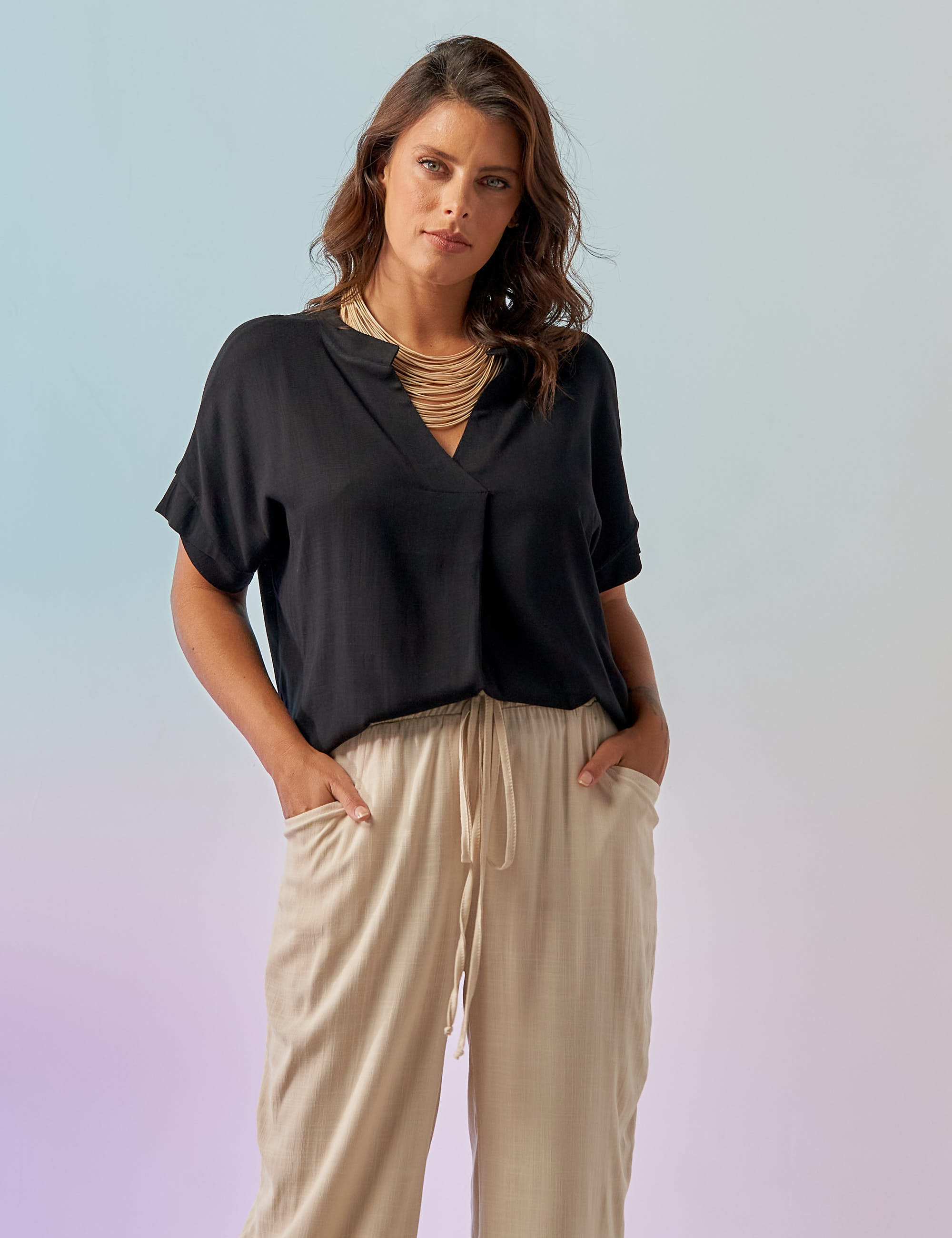 Blusa Prega Linho Preta