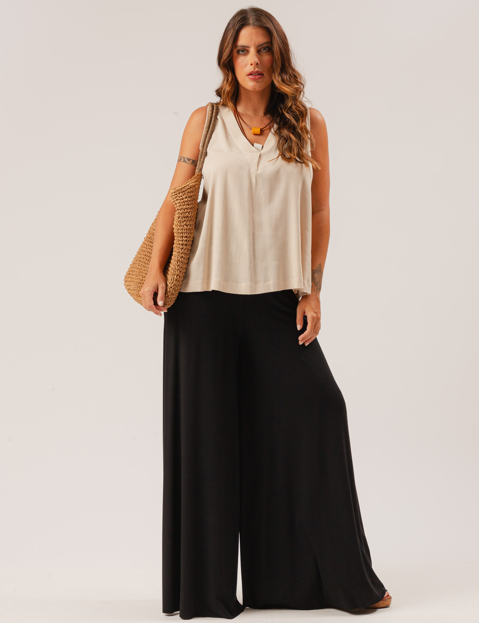 Blusa Linho Decote V Trigo