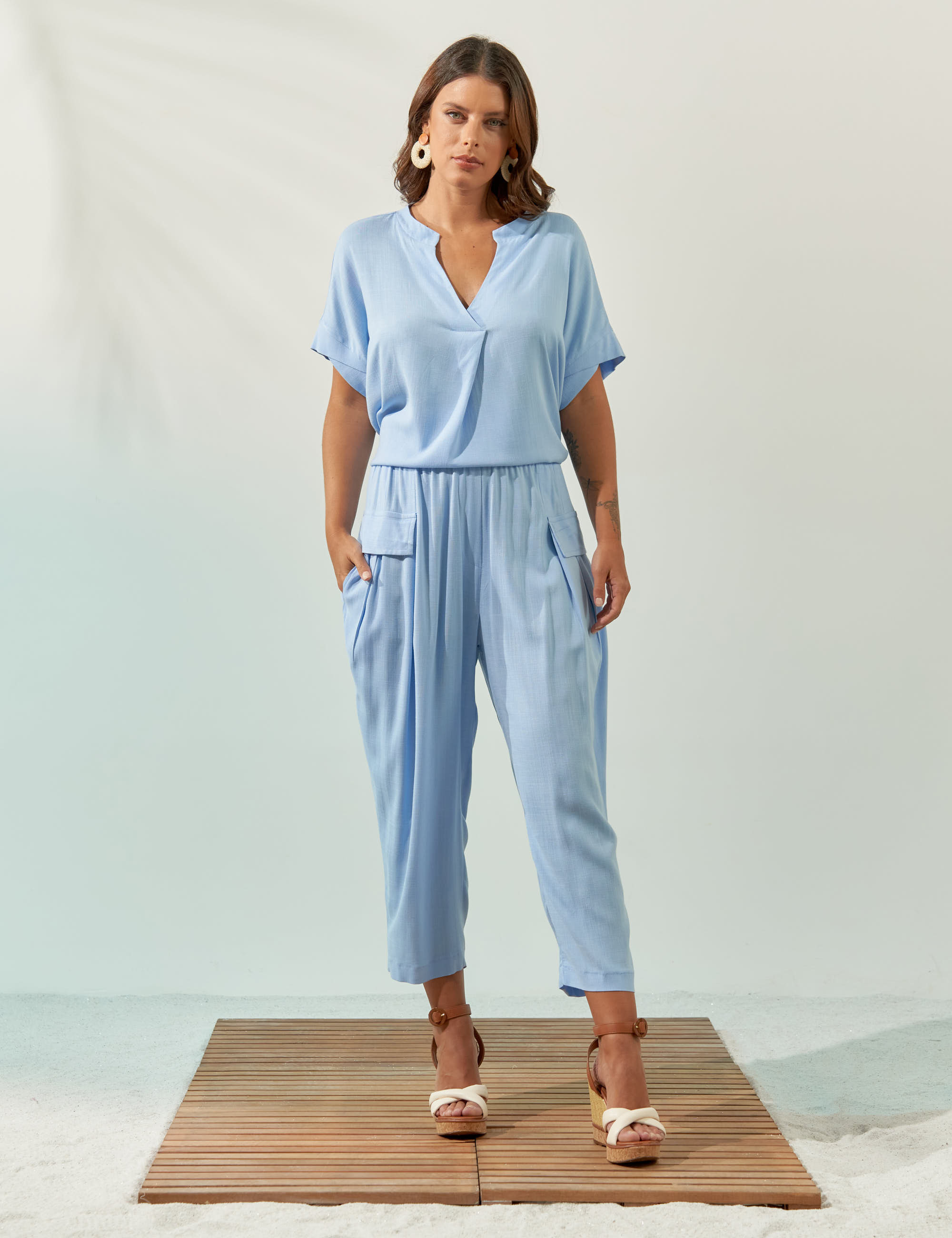 Blusa Prega Linho Azul Brisa