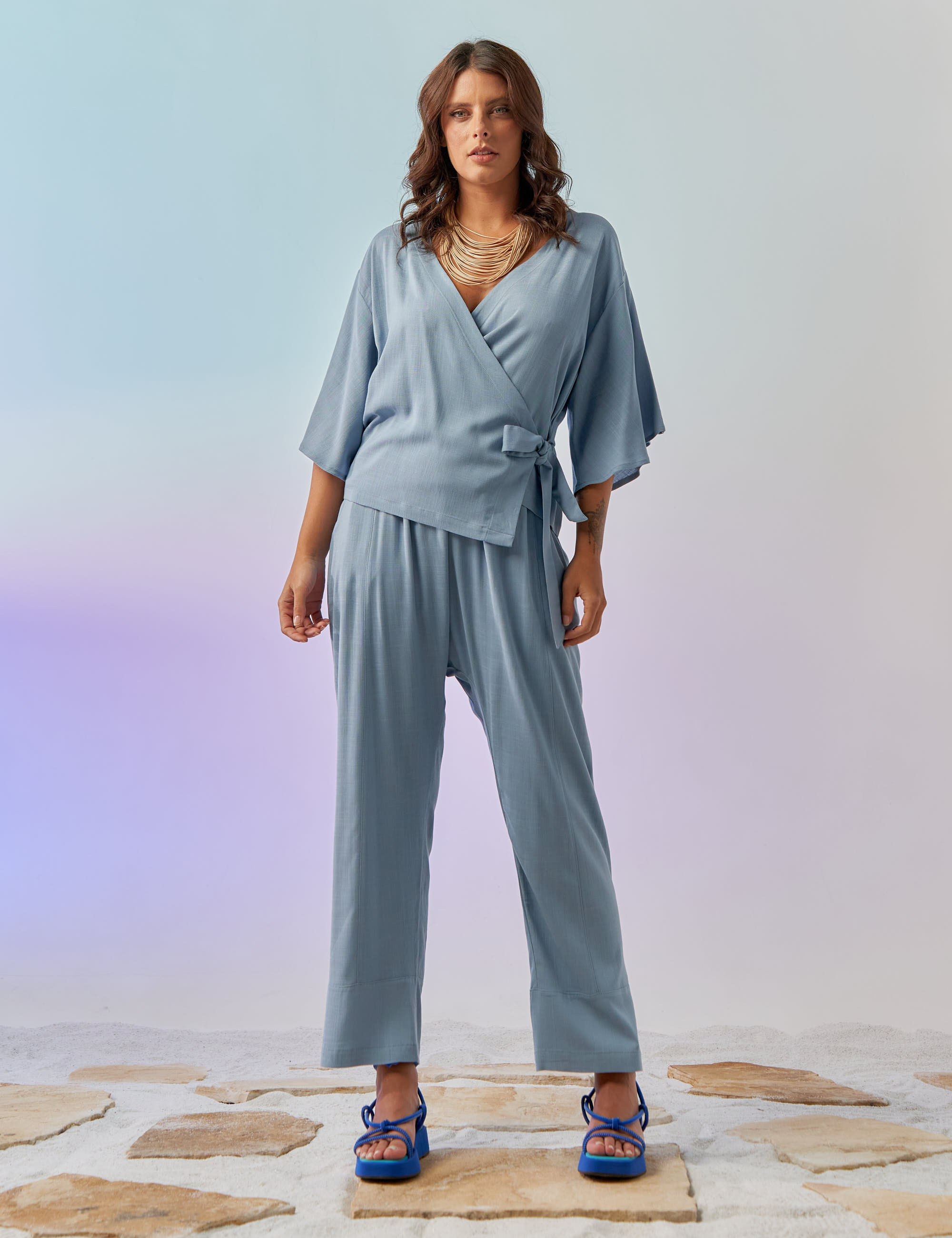 Blusa Envelope Amarração Linho Celeste